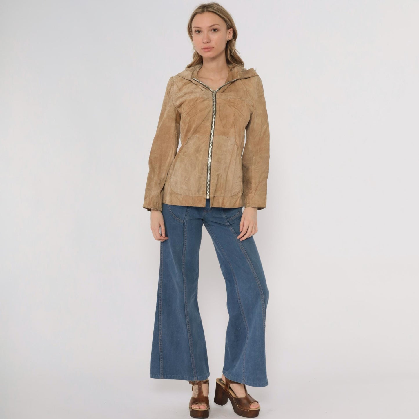 70s Tan Suede Hooded Jacket Zip Front Leather Small S