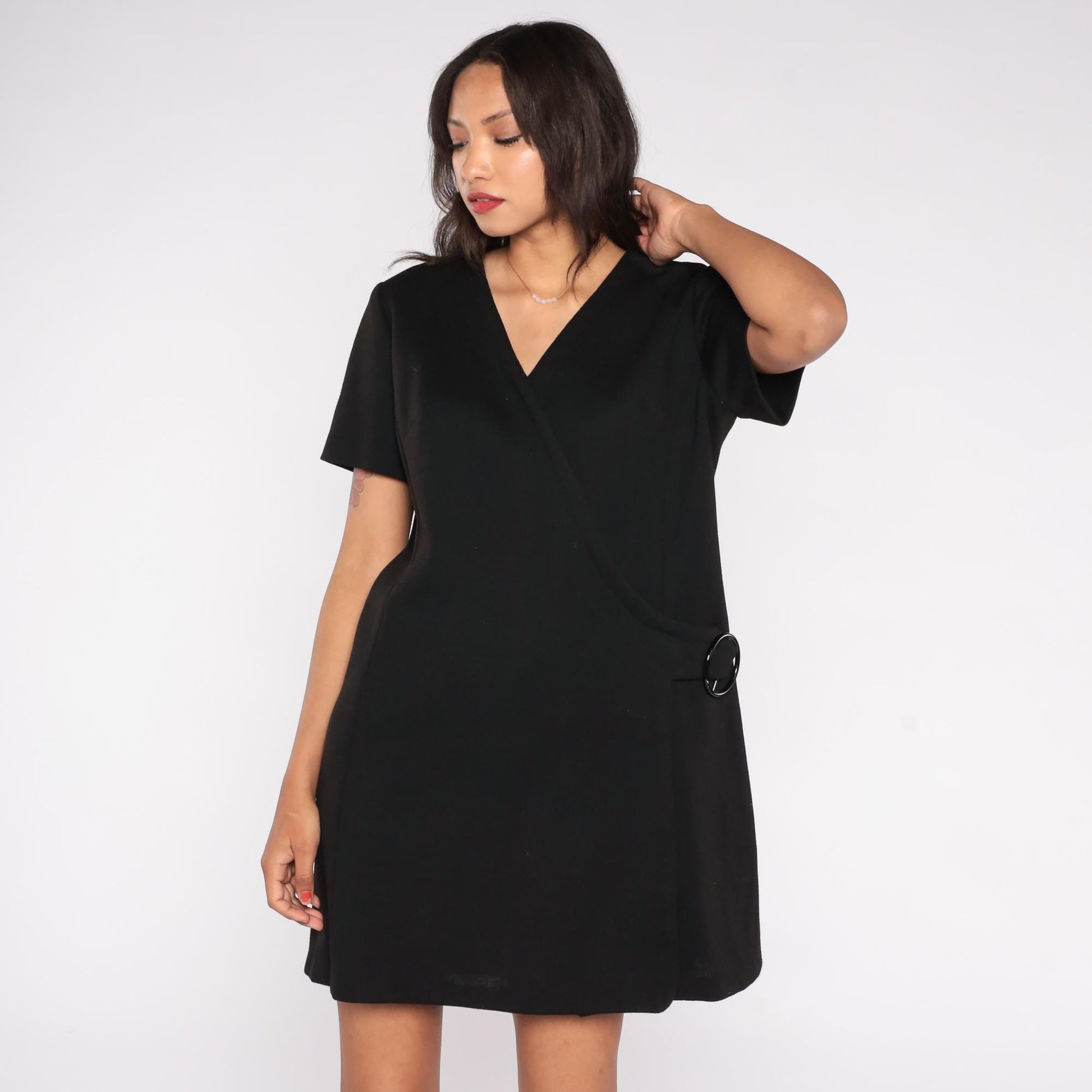 60s Black Wool Mini Shift Dress Short Sleeve Wrap Front Mod Extra Large XL