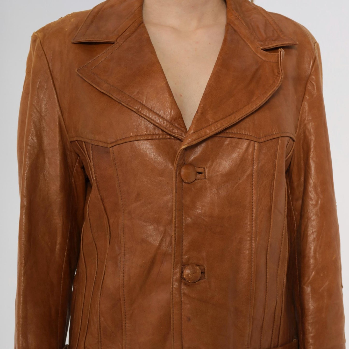 70s Roberts Fine Leather Brown Blazer Button Front Distressed Medium