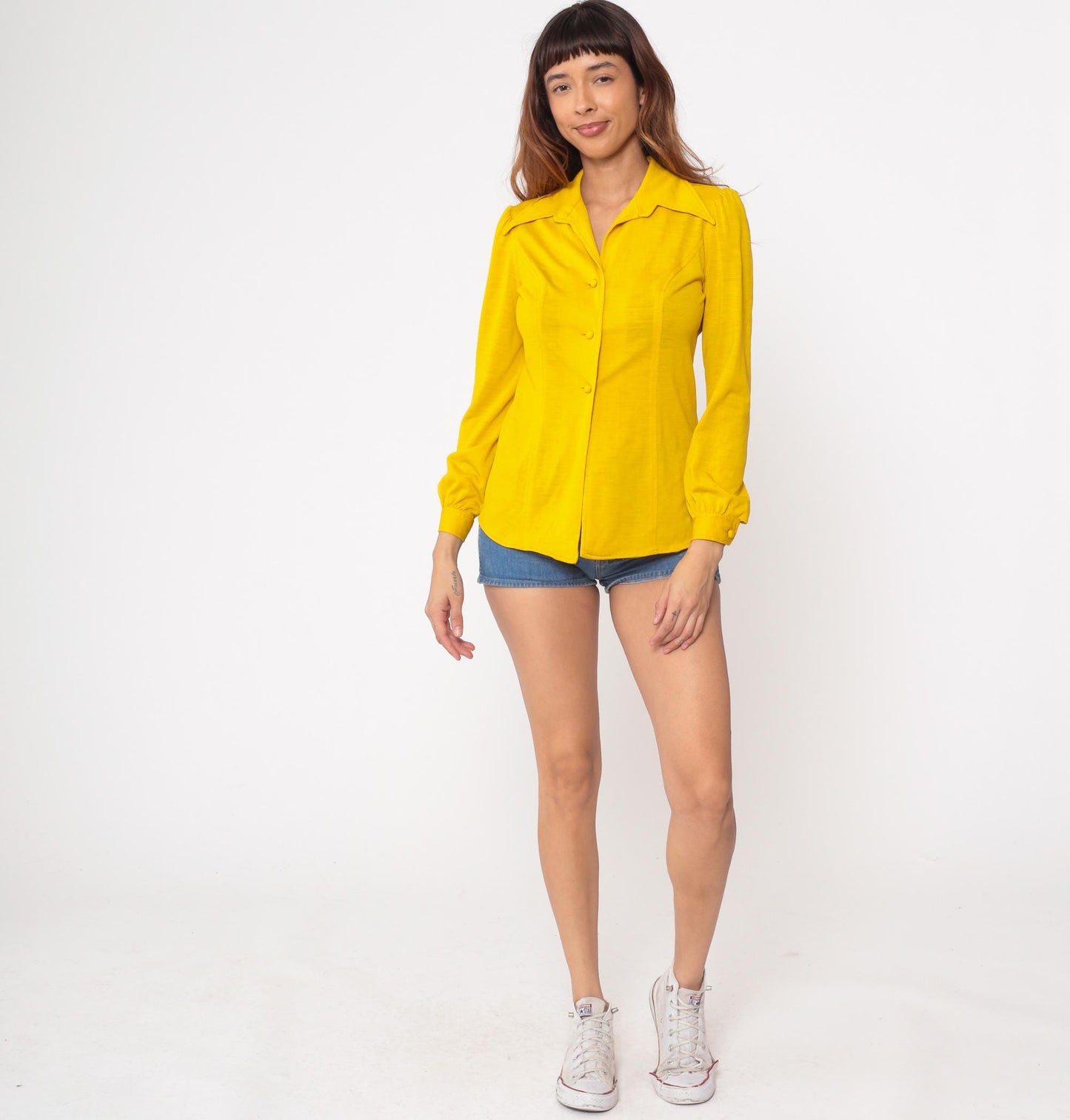 70s Mustard Yellow Button-Up Blouse Pointed Collar Long Sleeve Small S
