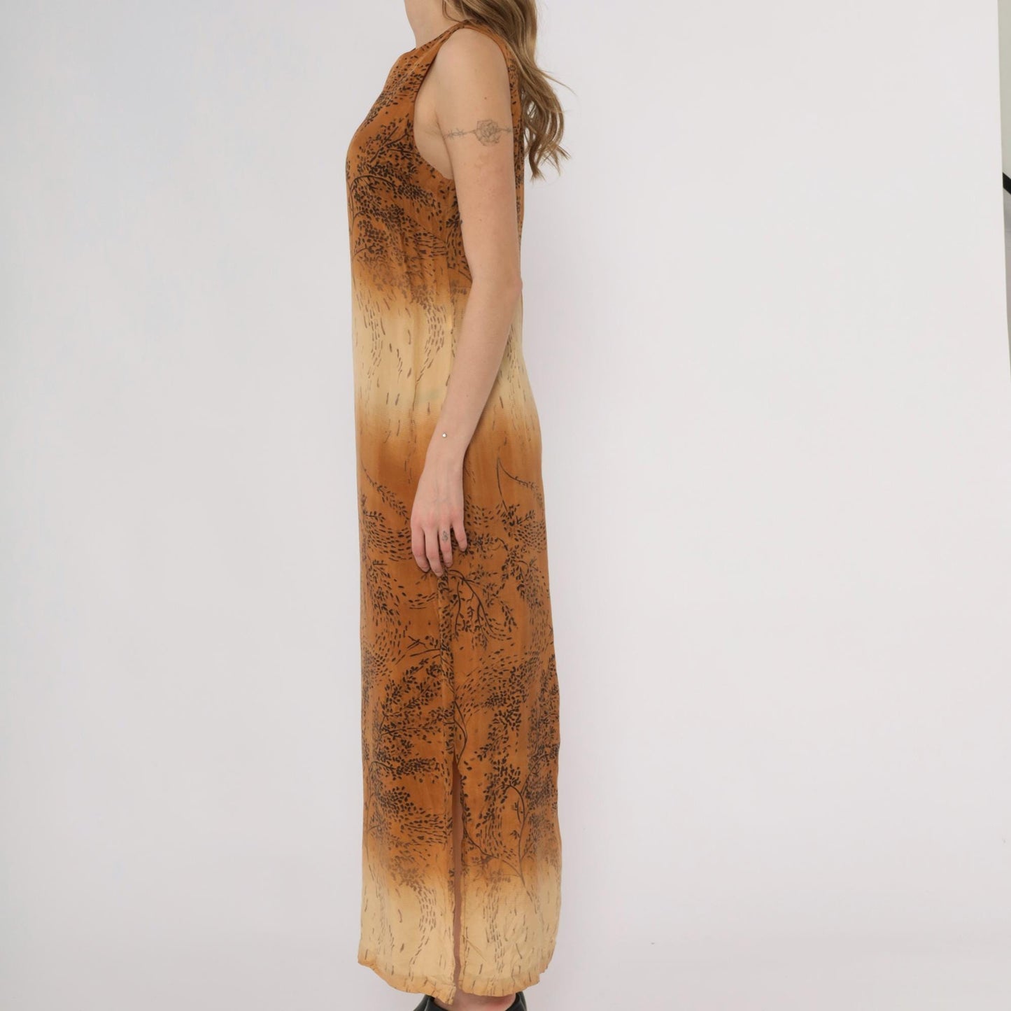 90s Karin Stevens Ombre Maxi Dress Brown Tan Botanical Sleeveless Medium M