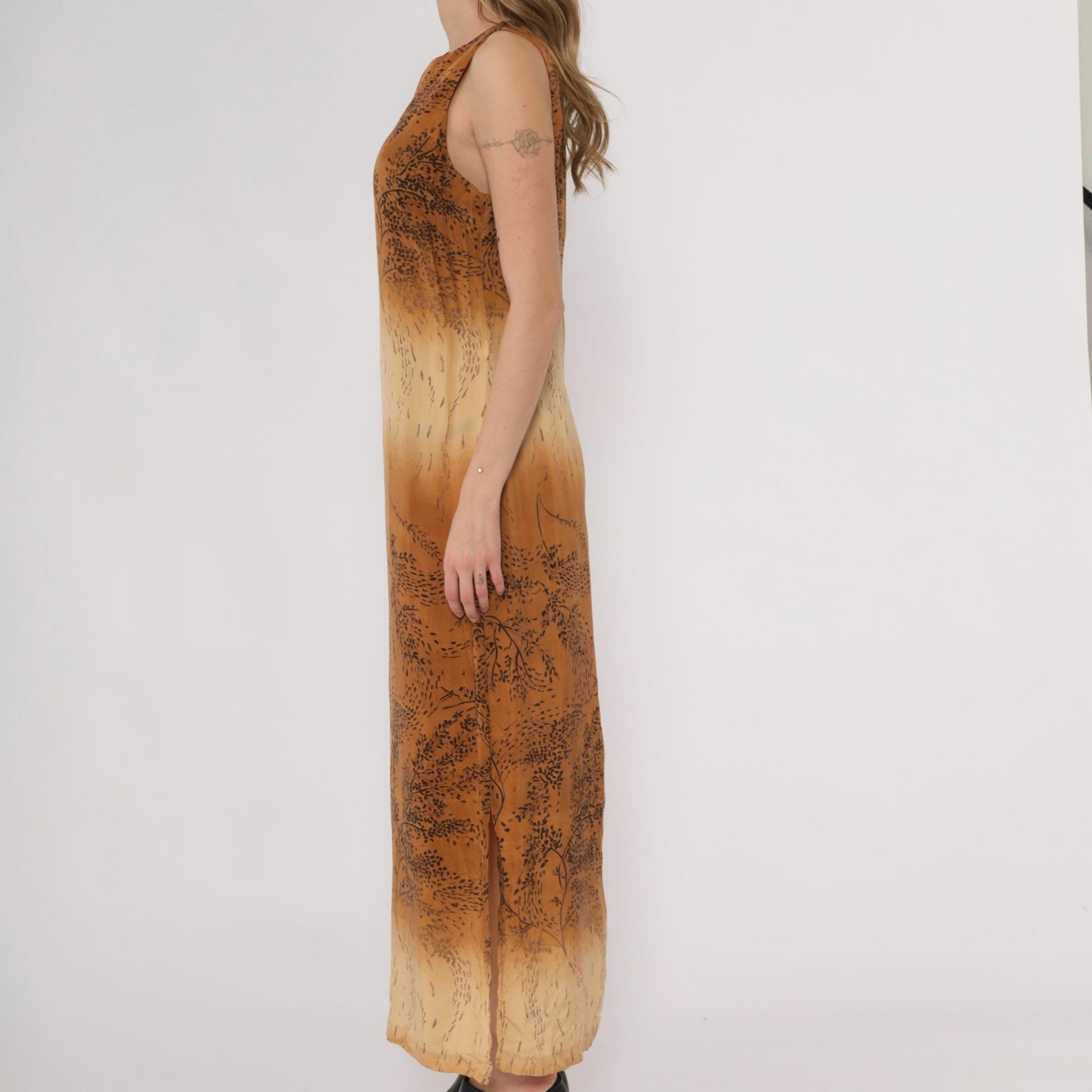 90s Karin Stevens Ombre Maxi Dress Brown Tan Botanical Sleeveless Medium M
