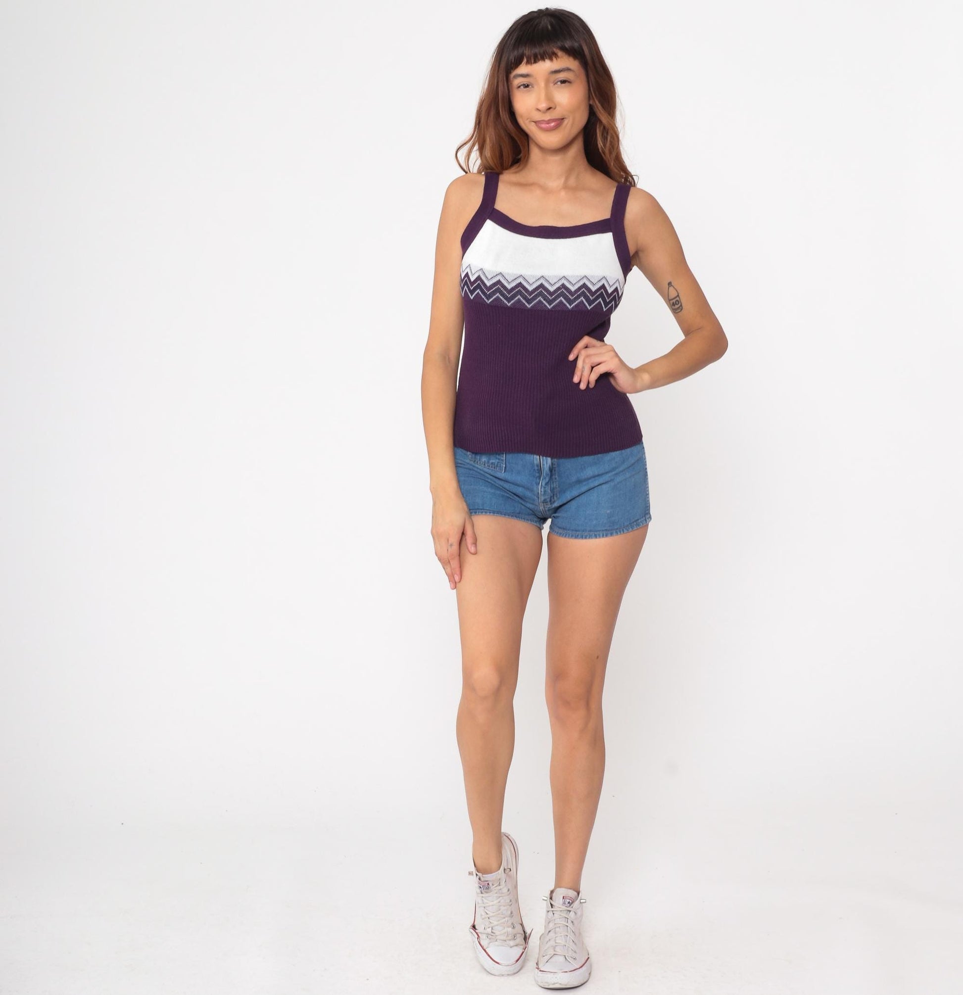 90s No Boundaries Chevron Tank Top Purple White Ribbed Small