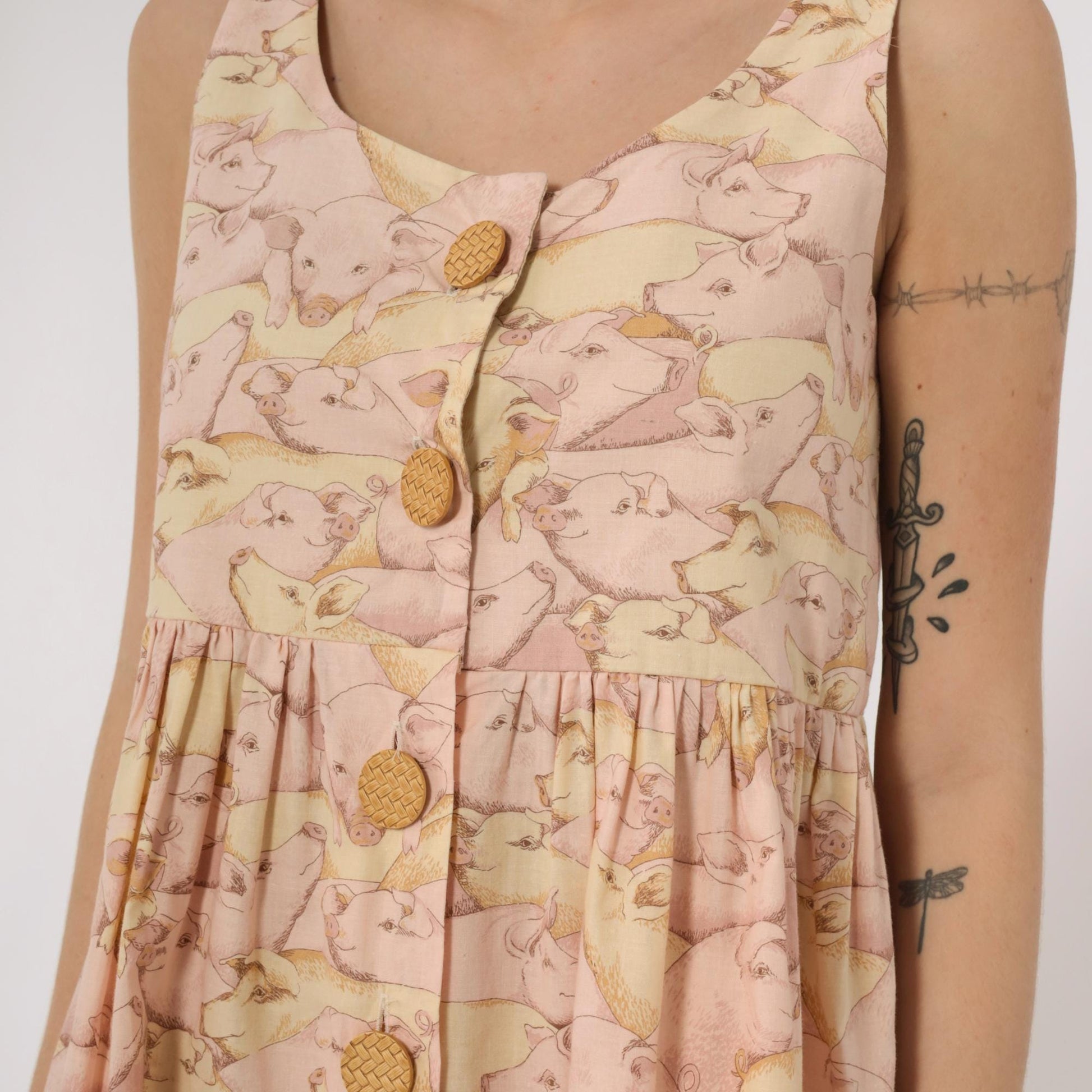 80s Pig Print Mini Dress Pink Yellow Empire Waist Button Front Small