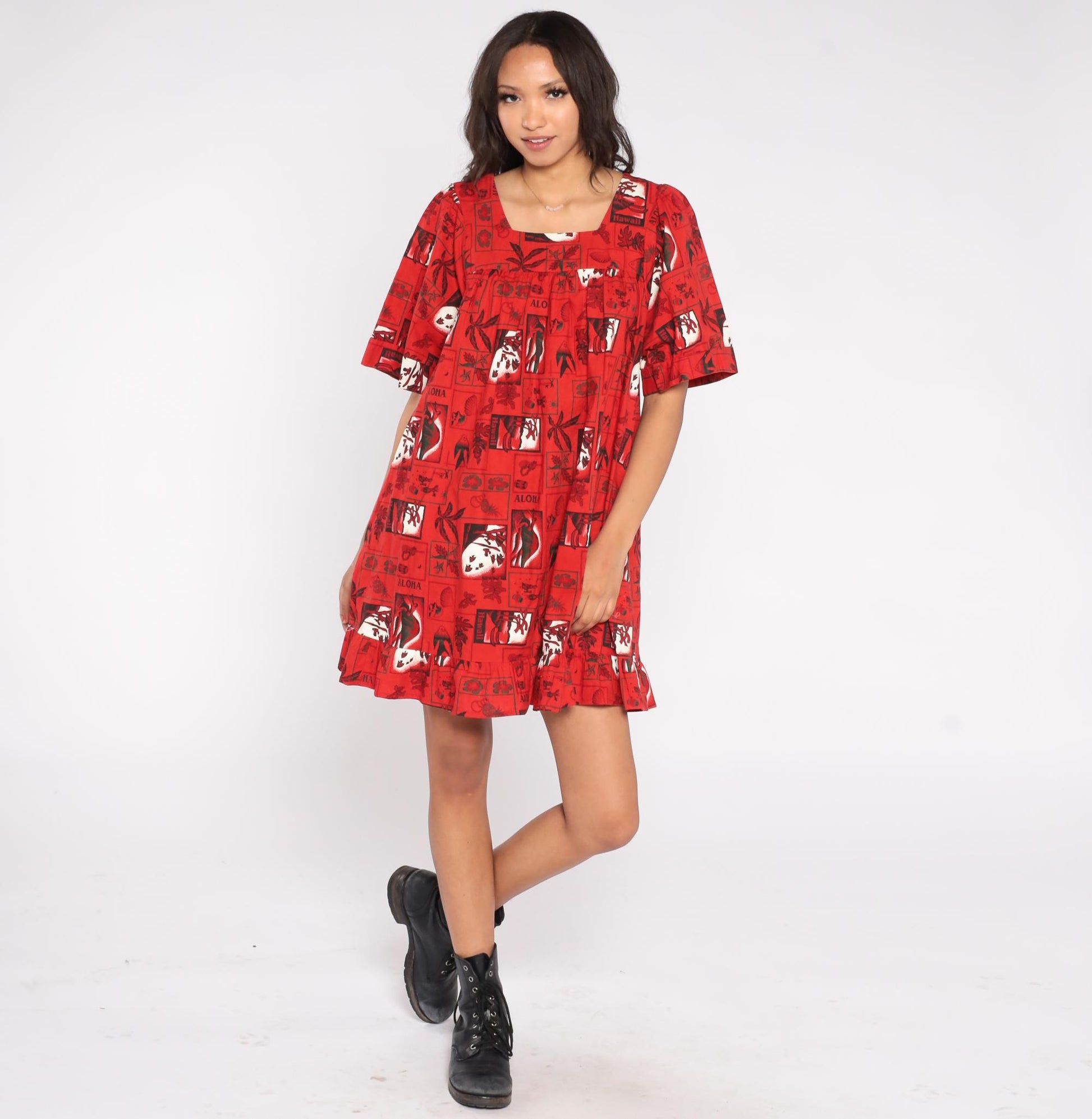 80s Hawaiian Cotton Mini Dress Pineapple Aloha Block Print Red Extra Large