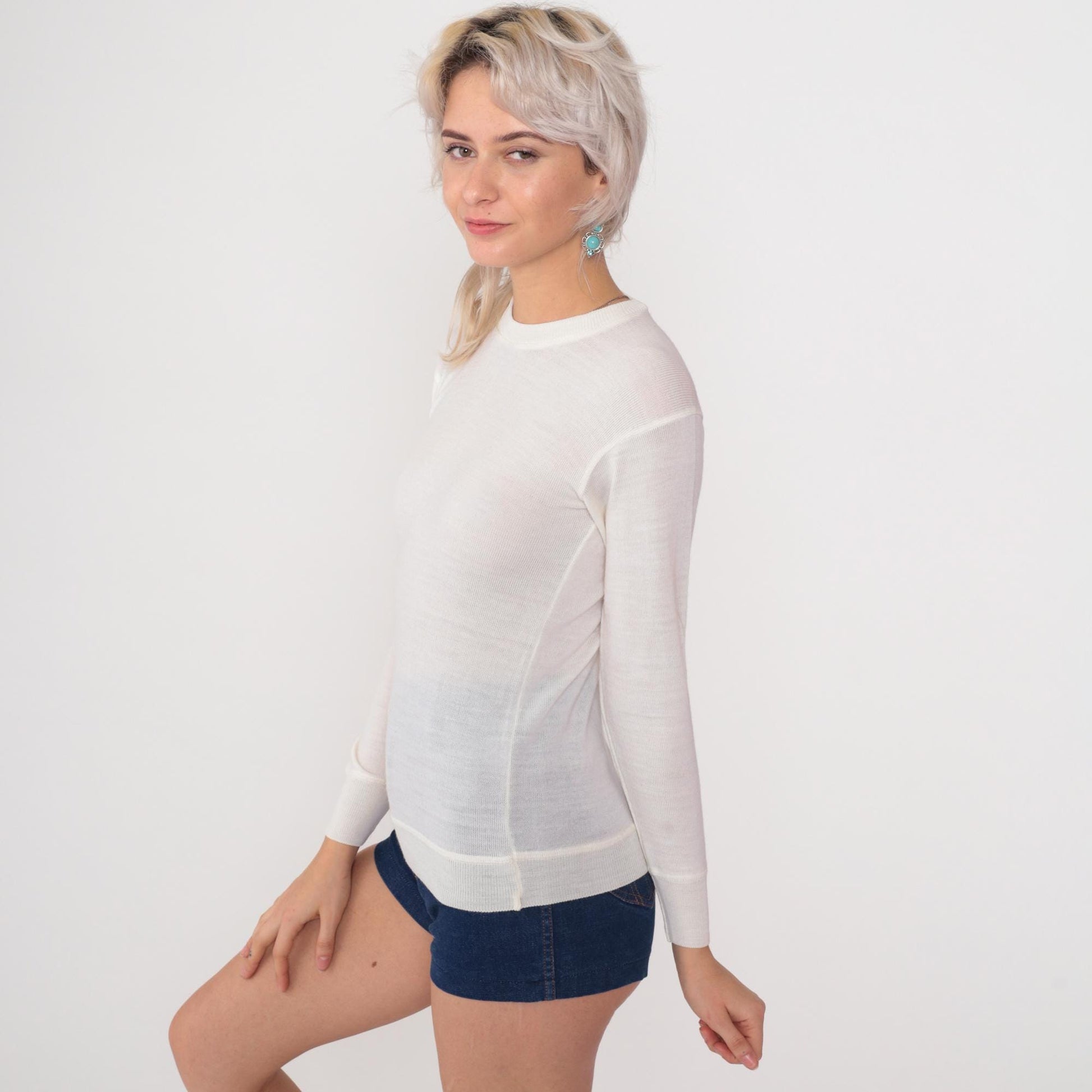 80s Snowflakes Wool Sweater Cream Ribbed Knit Crewneck XS