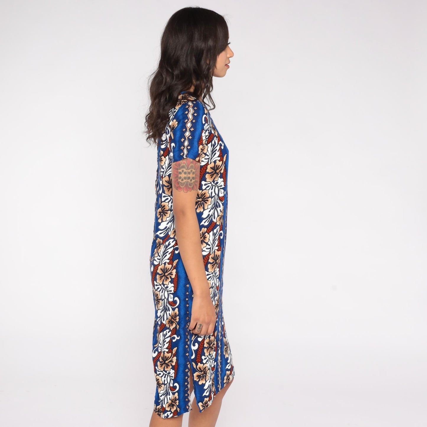 90s Blue Hawaiian Midi Dress Hibiscus Floral Stripe Rayon Small