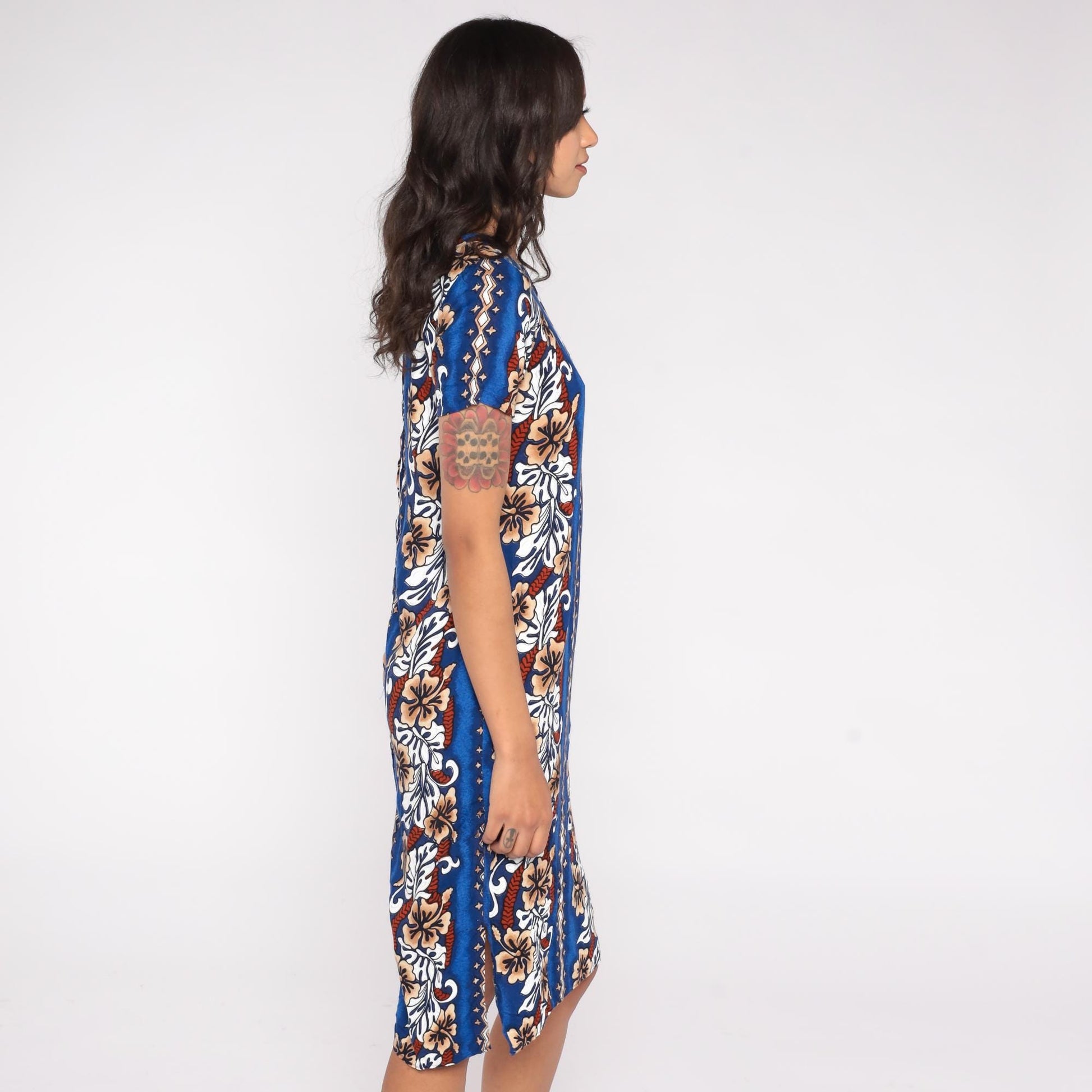 90s Blue Hawaiian Midi Dress Hibiscus Floral Stripe Rayon Small