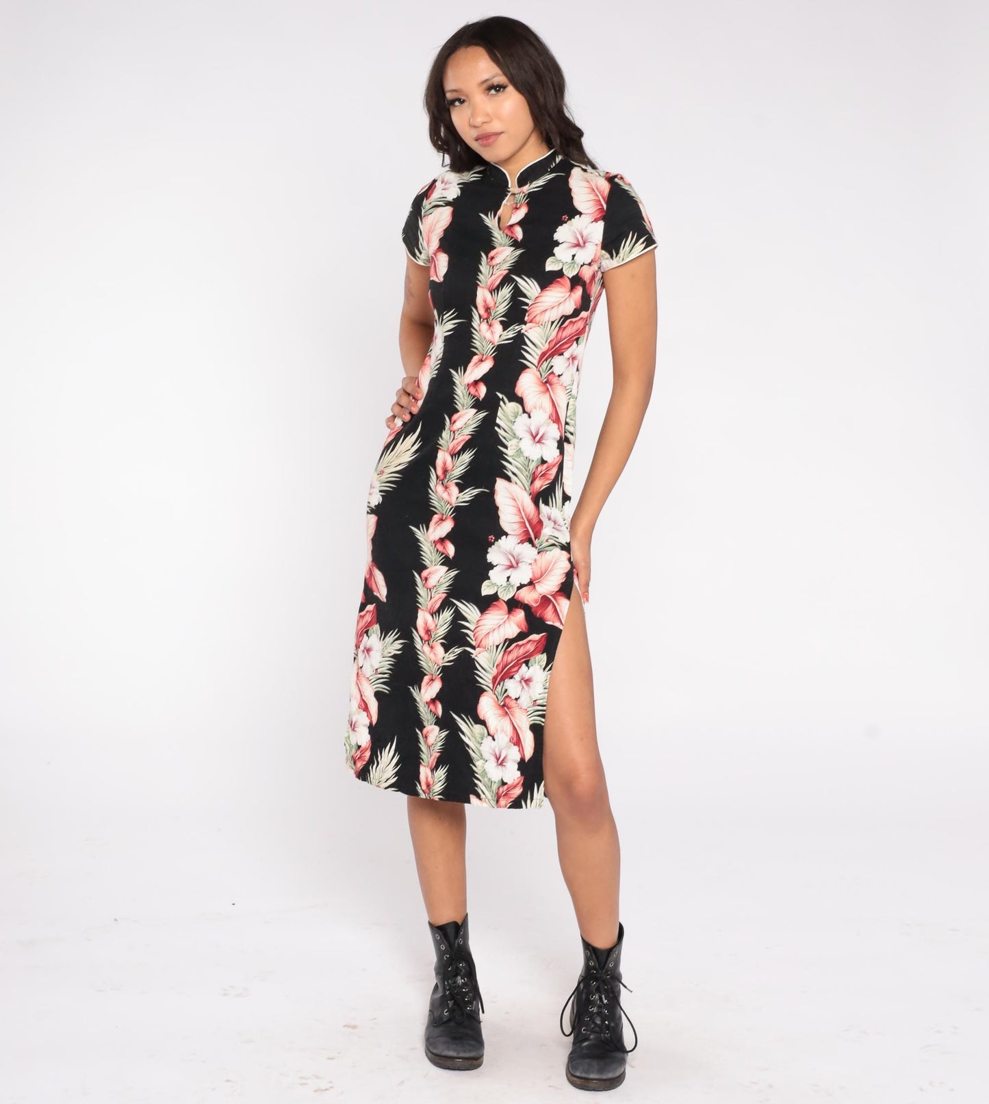 90s Young Hawaii Black Hibiscus Mandarin Collar Dress Pink Palm Small S