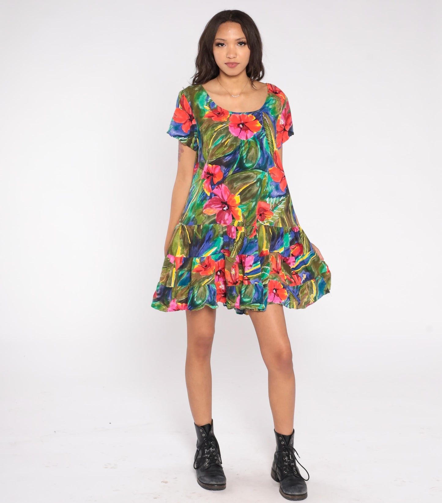 90s Jacqueline Studio Hibiscus Mini Dress Coral Pink Floral Rayon Medium