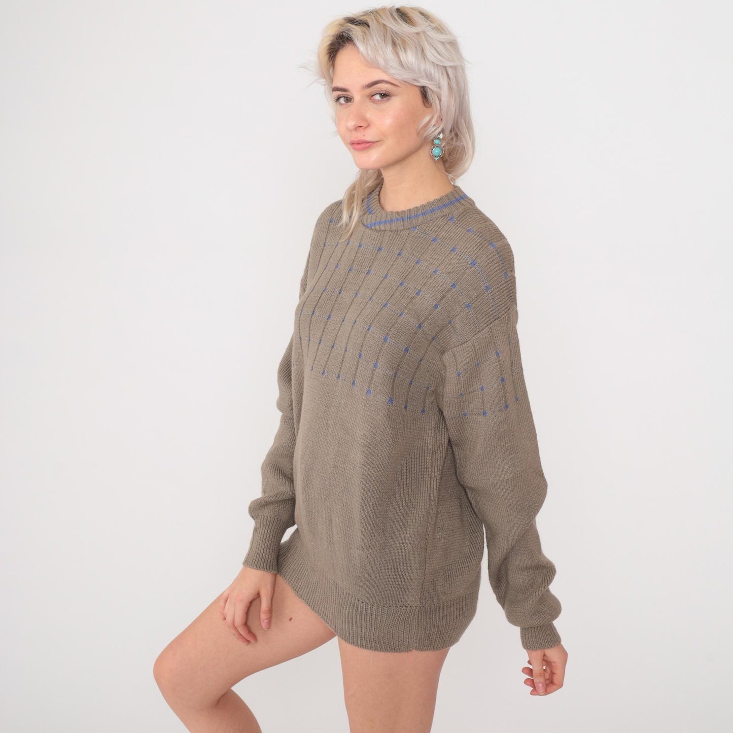 80s Gianfranco Ruffini Wool Sweater Taupe Grid Crewneck Drop Shoulder Large L