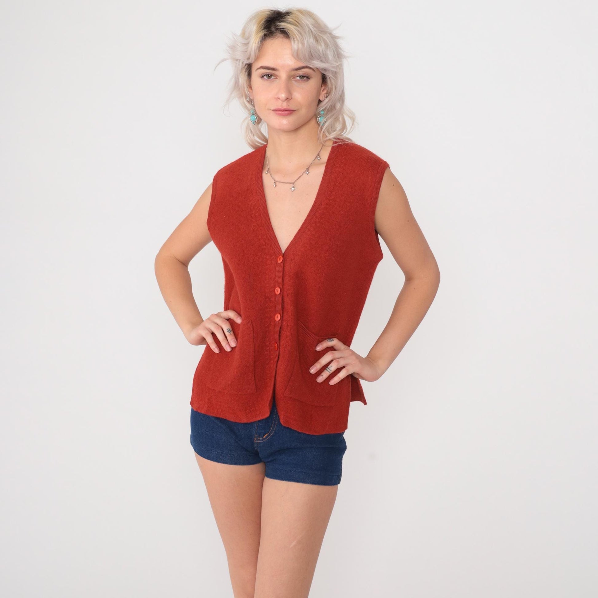 70s Wool Sweater Vest Orange Button Front V-Neck Knit Medium M