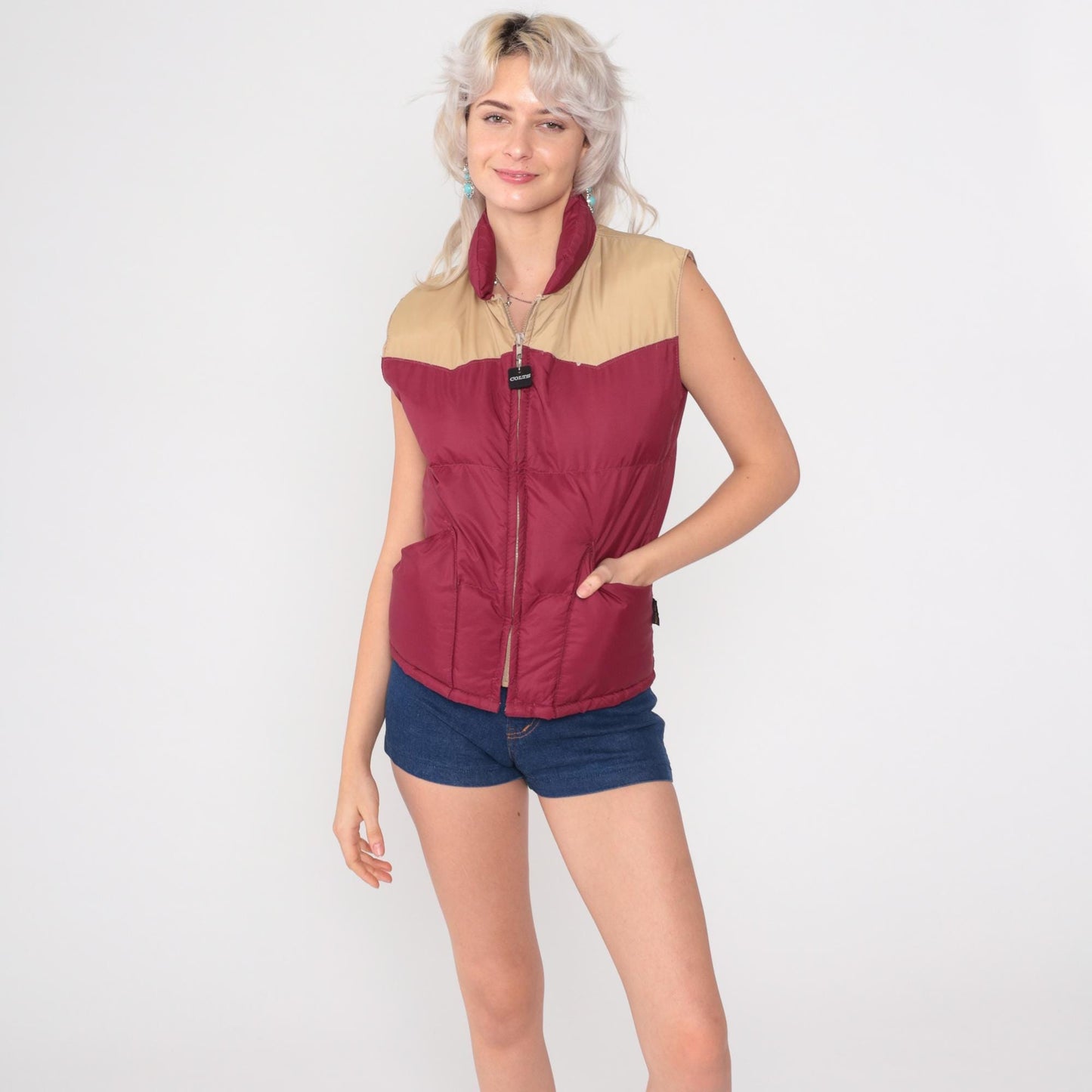 80s Pacific Trail Down Puffer Vest Burgundy Tan Yoke Zip Small