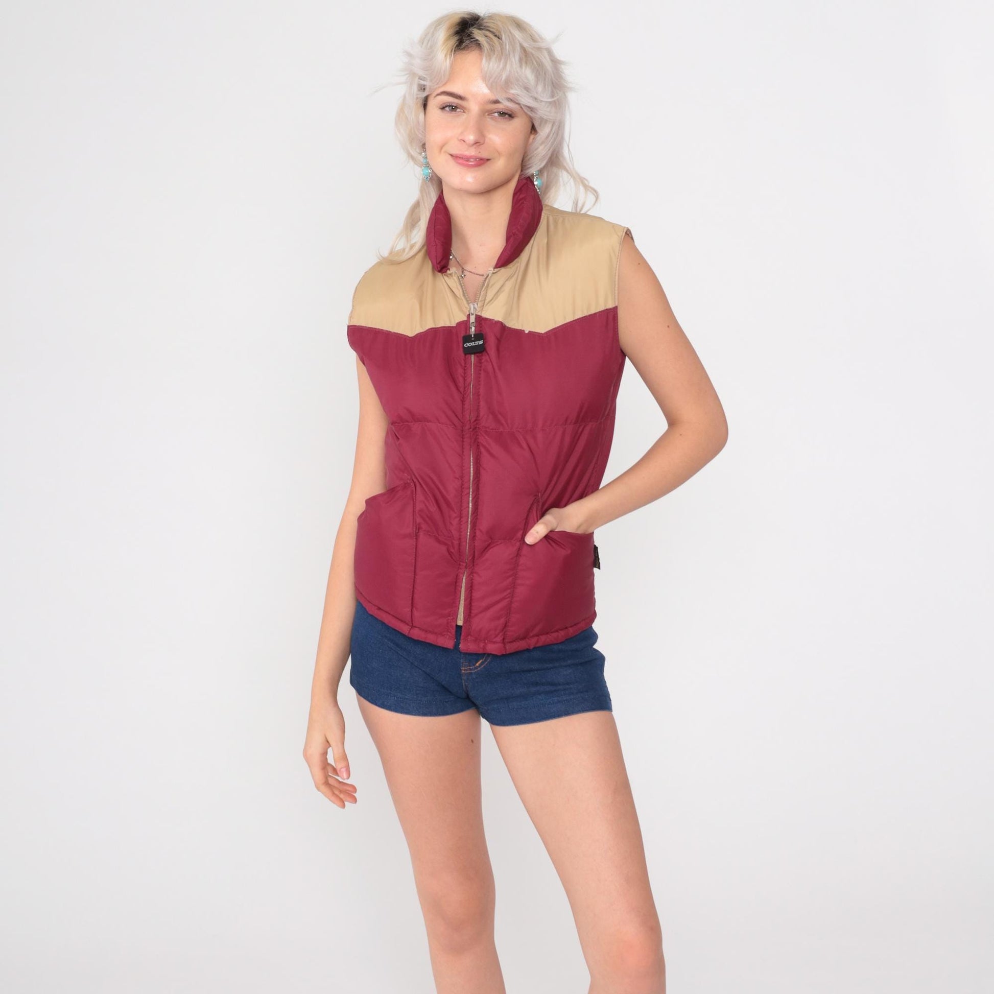 80s Pacific Trail Down Puffer Vest Burgundy Tan Yoke Zip Small