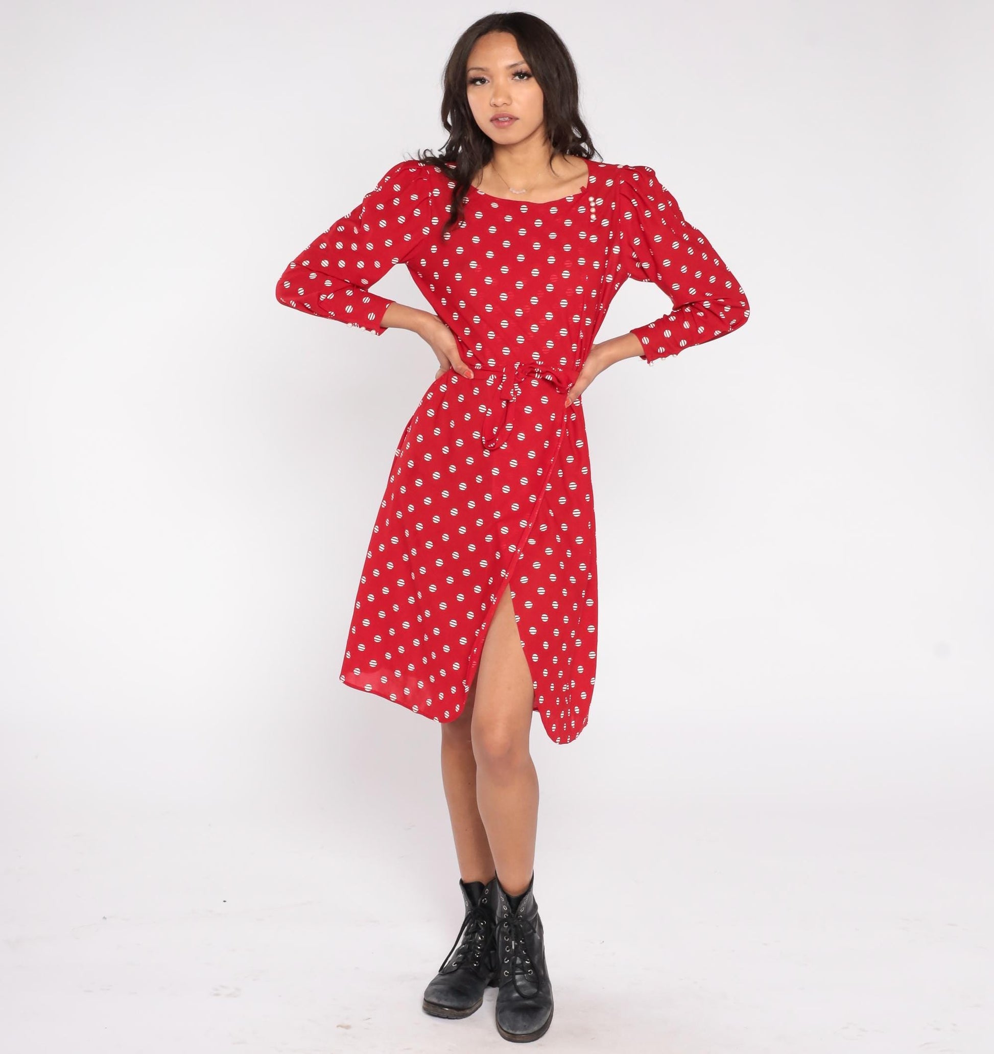 80s Jane Baar New York Red Polka Dot Wrap Dress Long Sleeve Small