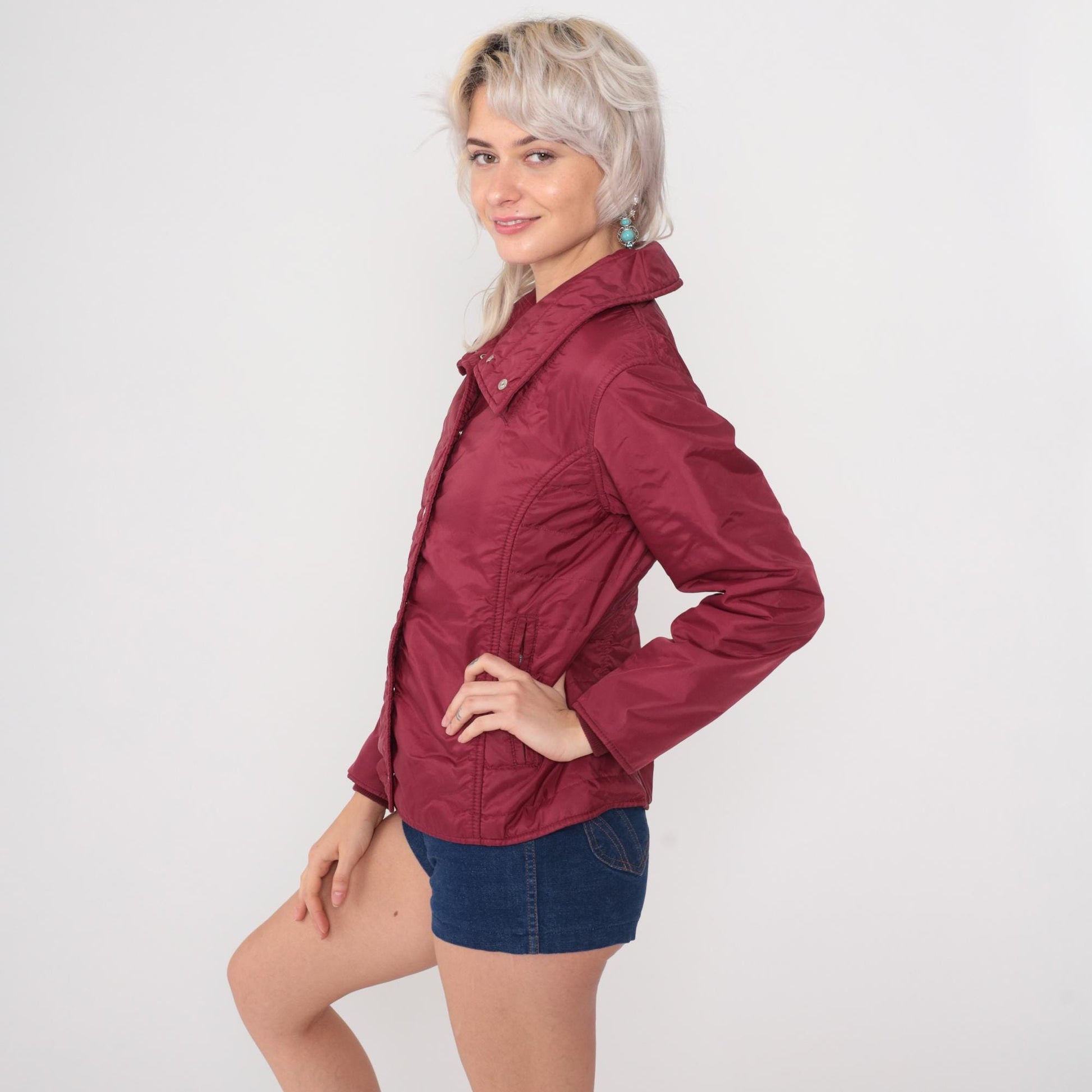 80s Sportscaster Burgundy Nylon Puffer Jacket Snap Front Small