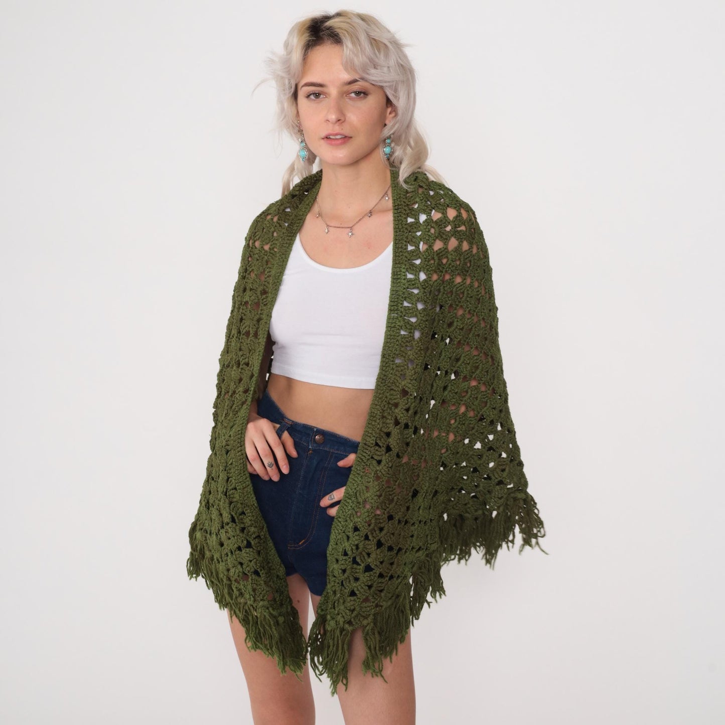 70s Olive Green Crochet Poncho Shawl Fringe Cape One Size