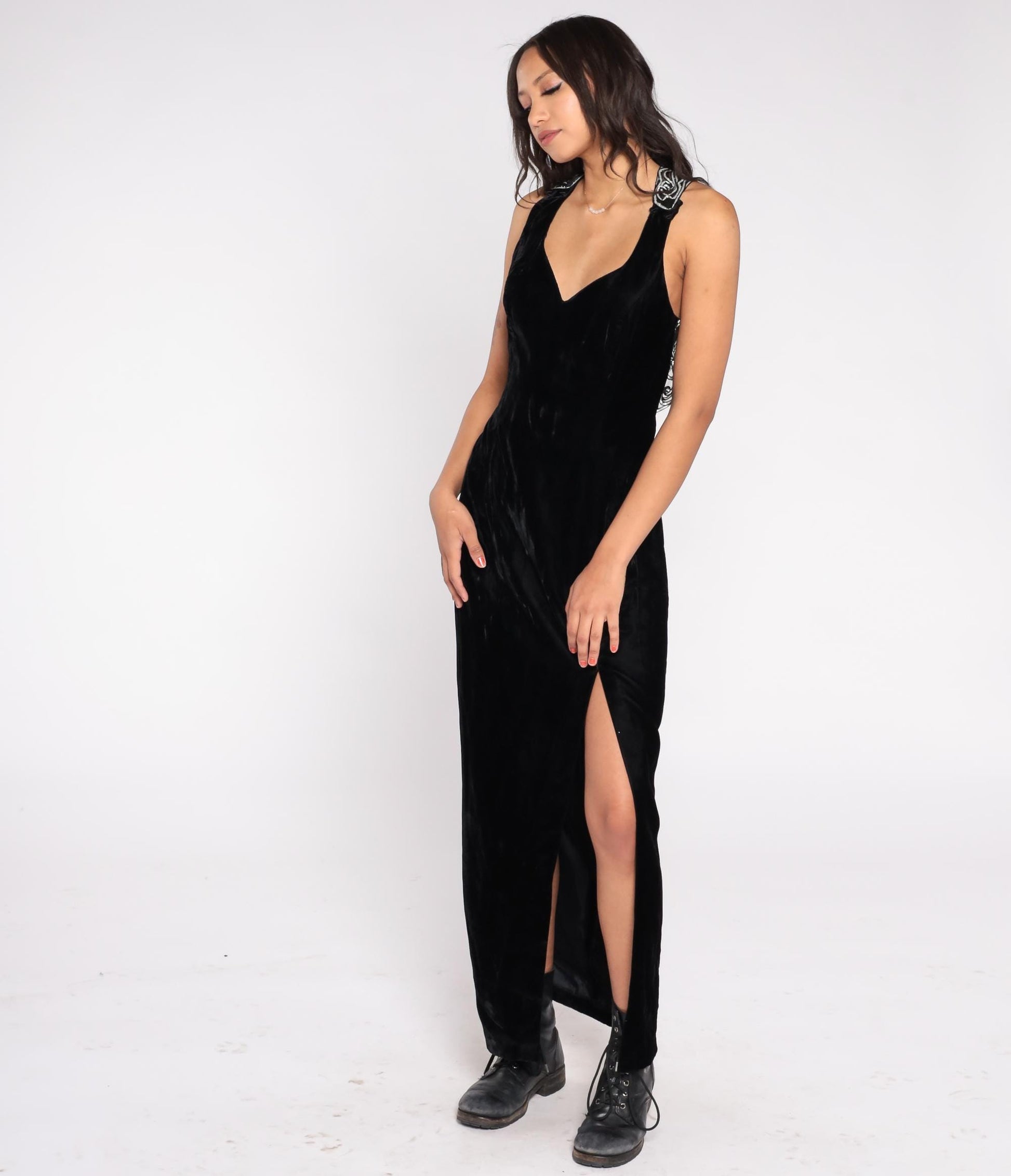 90s Roberta Black Velvet Maxi Gown Silver Embroidered Cross-Back Medium