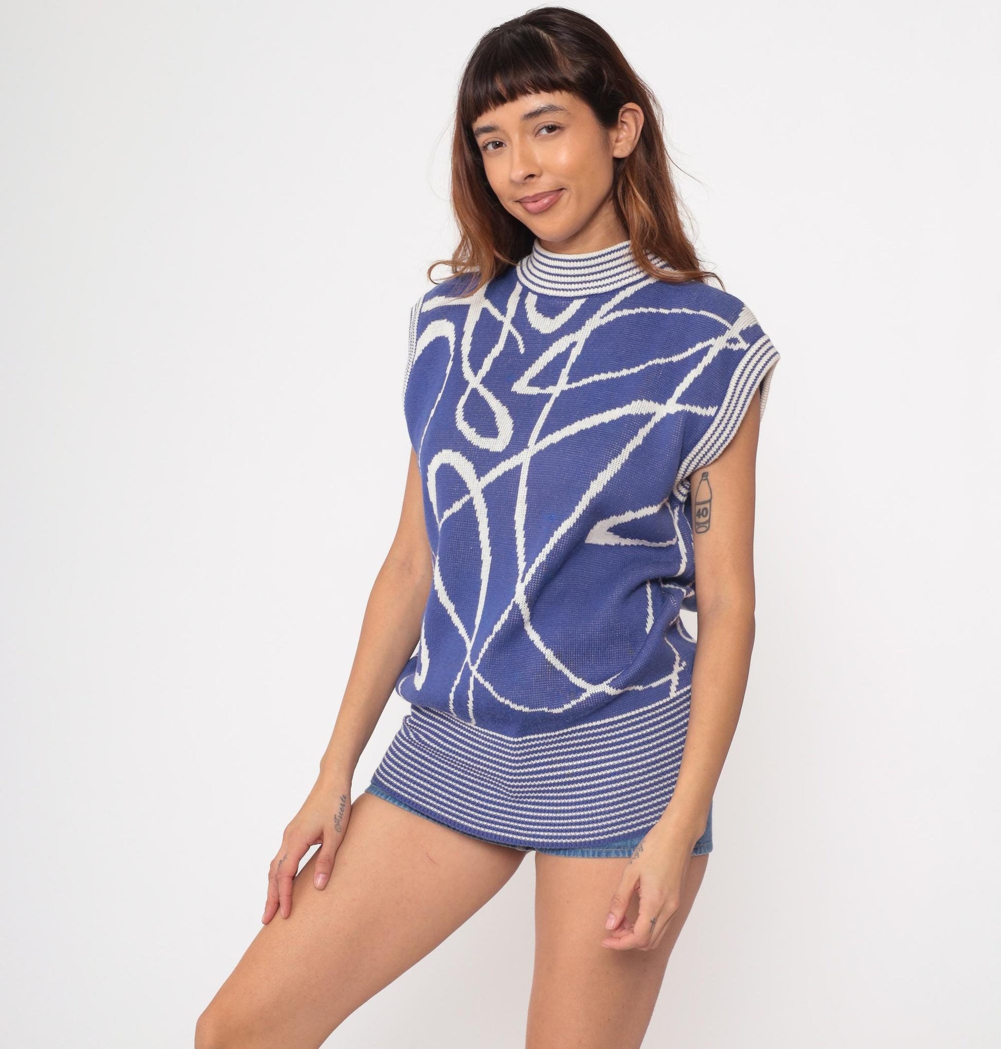 80s Richard & Co Periwinkle Geometric Knit Mock Neck Tunic Small