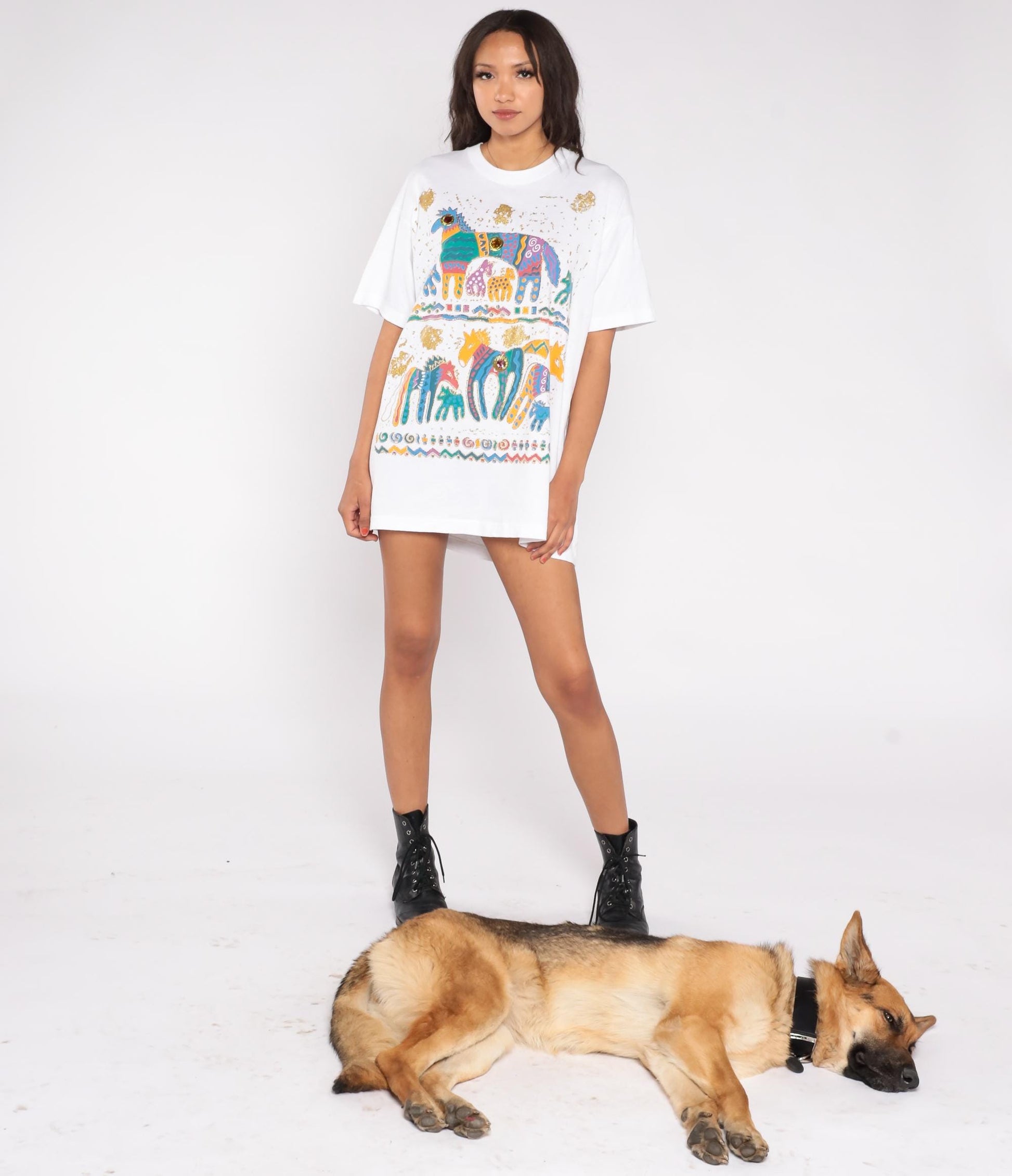 90s Fruit of the Loom Southwestern Horse Graphic T-Shirt Gold Glitter Jeweled Extra Large XL