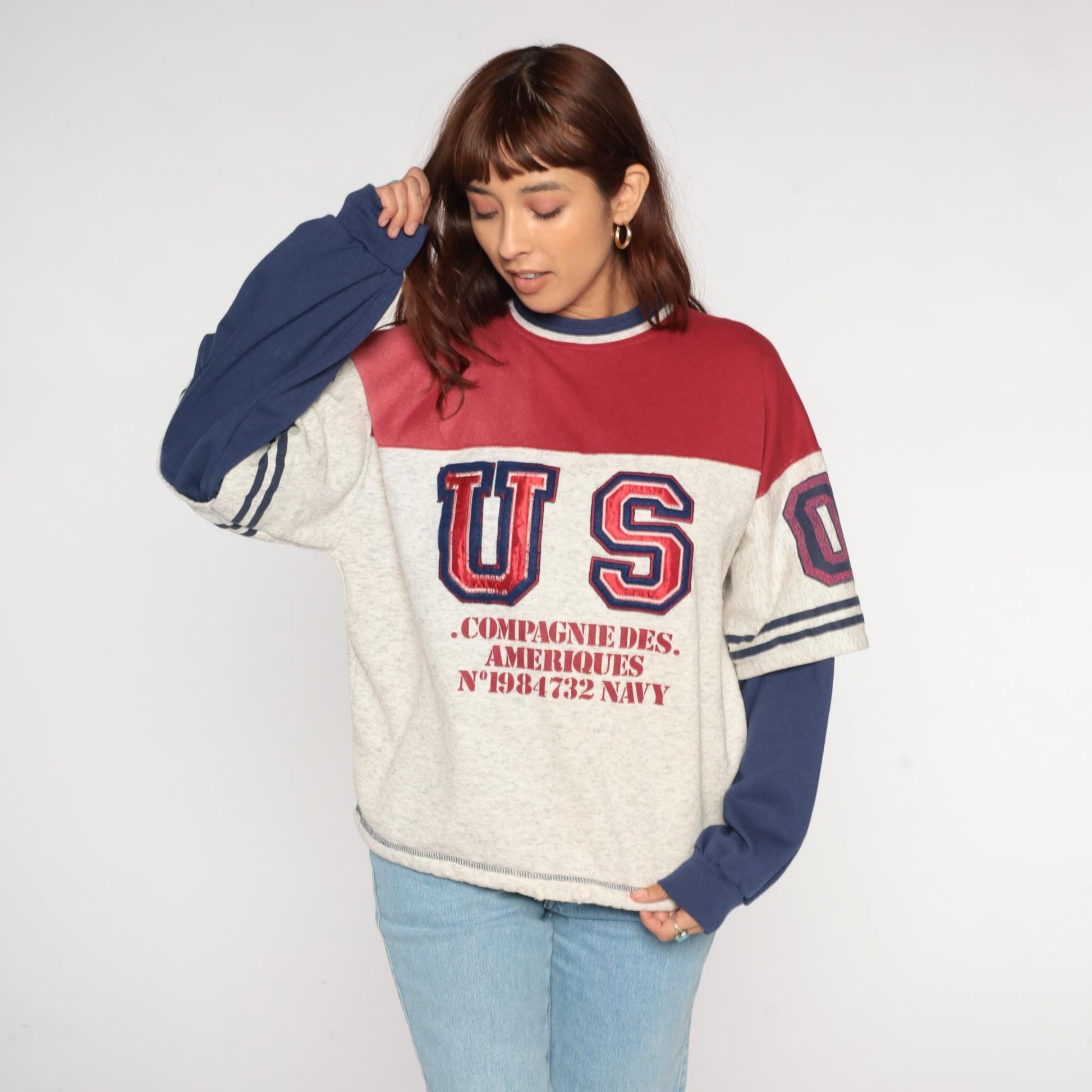 90s Compagnie Des Ameriques Color Block Sweatshirt Red White Navy Large L