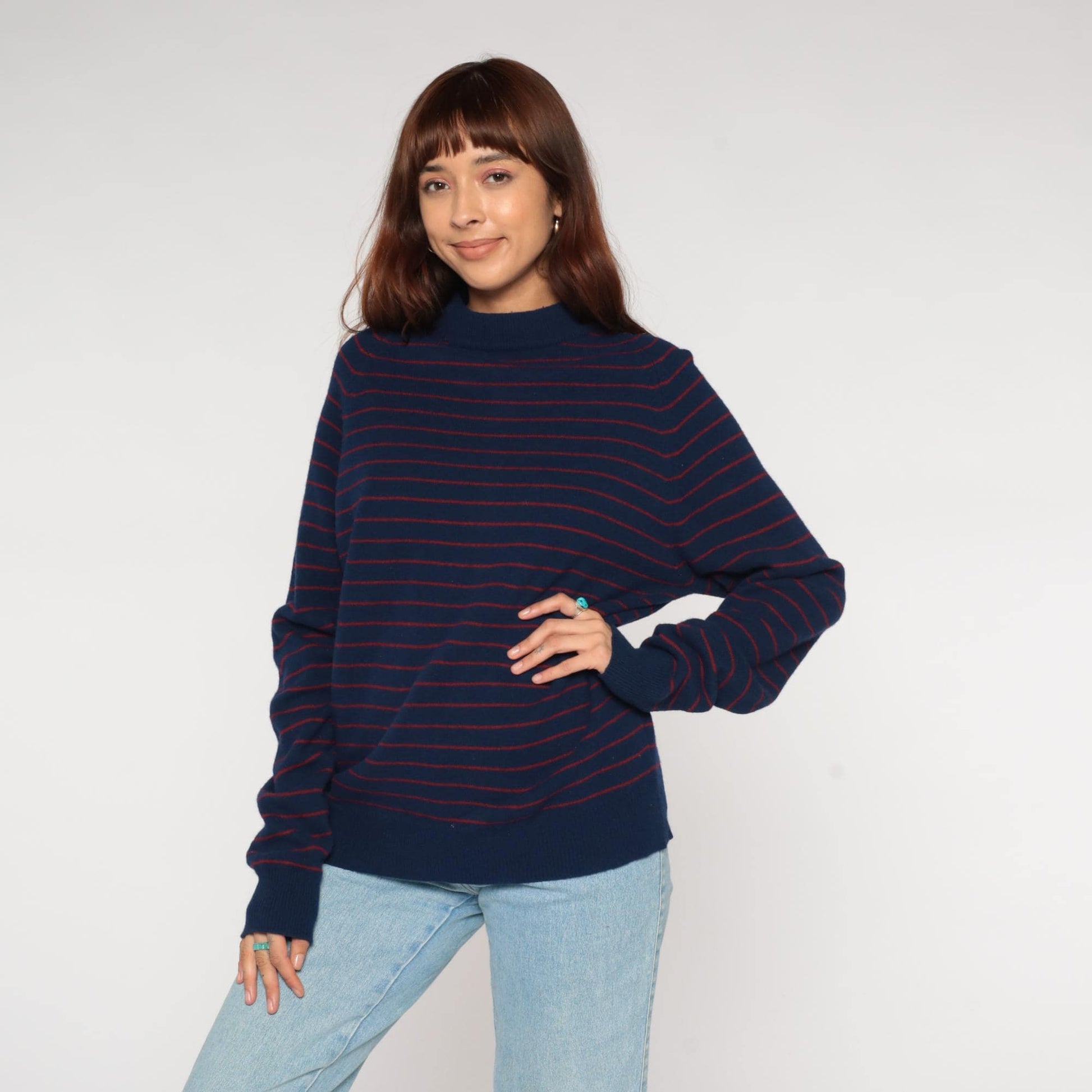 80s Vaughn Lambswool Nautical Sweater Navy Striped Mock Neck Medium