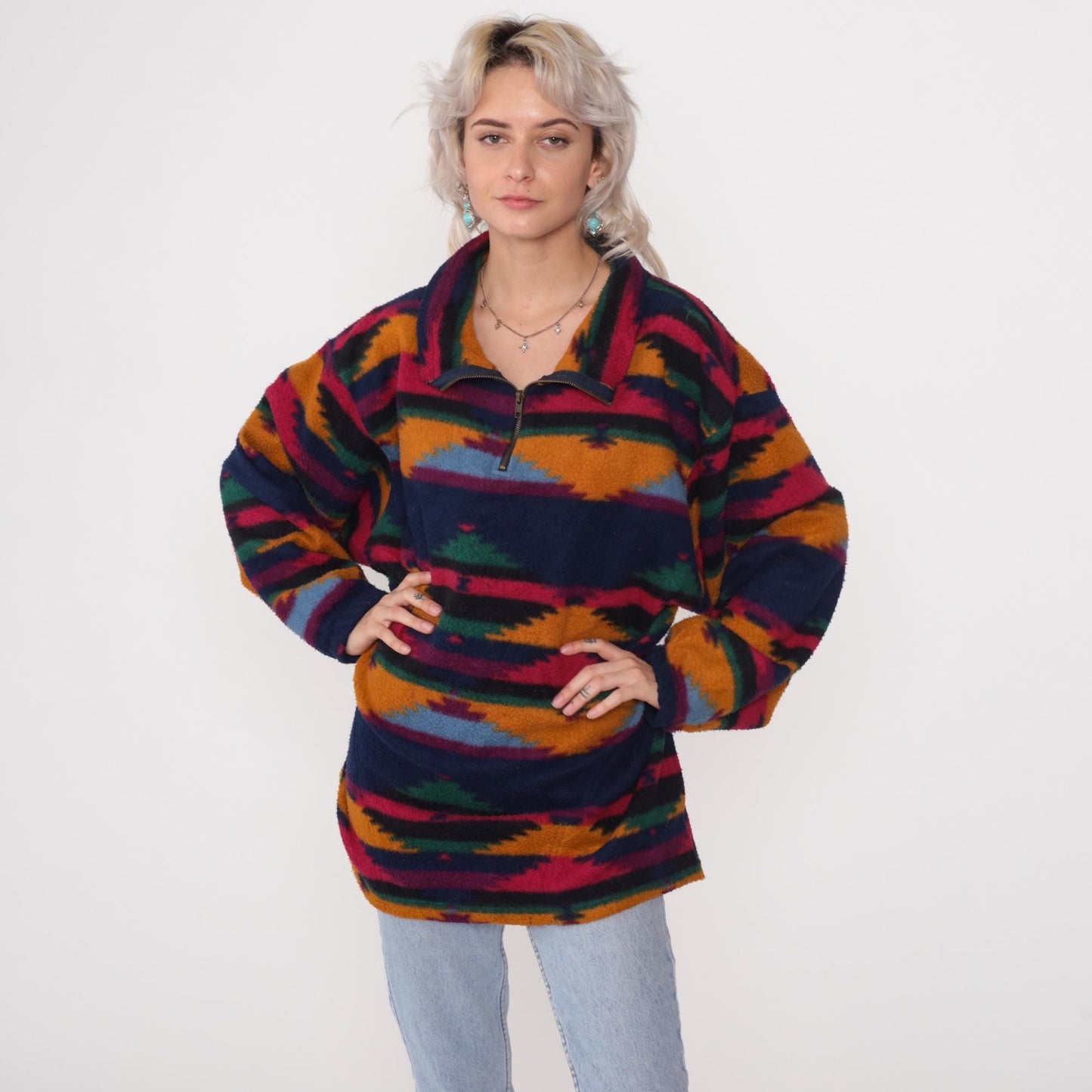 90s Denim Express Aztec Fleece Half-Zip Pullover Multicolor Tribal Large L