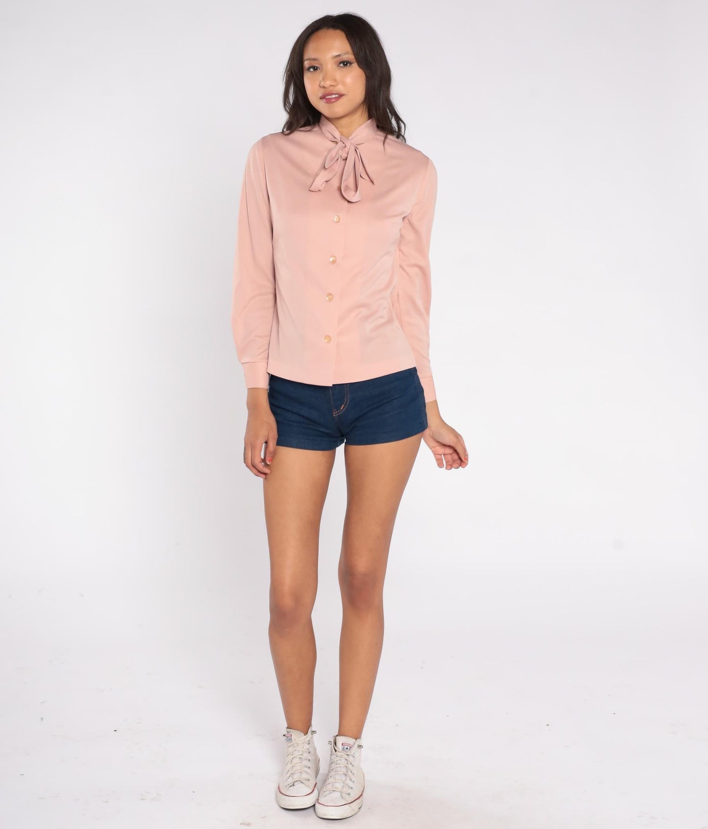 70s Sir Julian Blush Pink Pussy Bow Blouse Long Sleeve Button-Down Small S