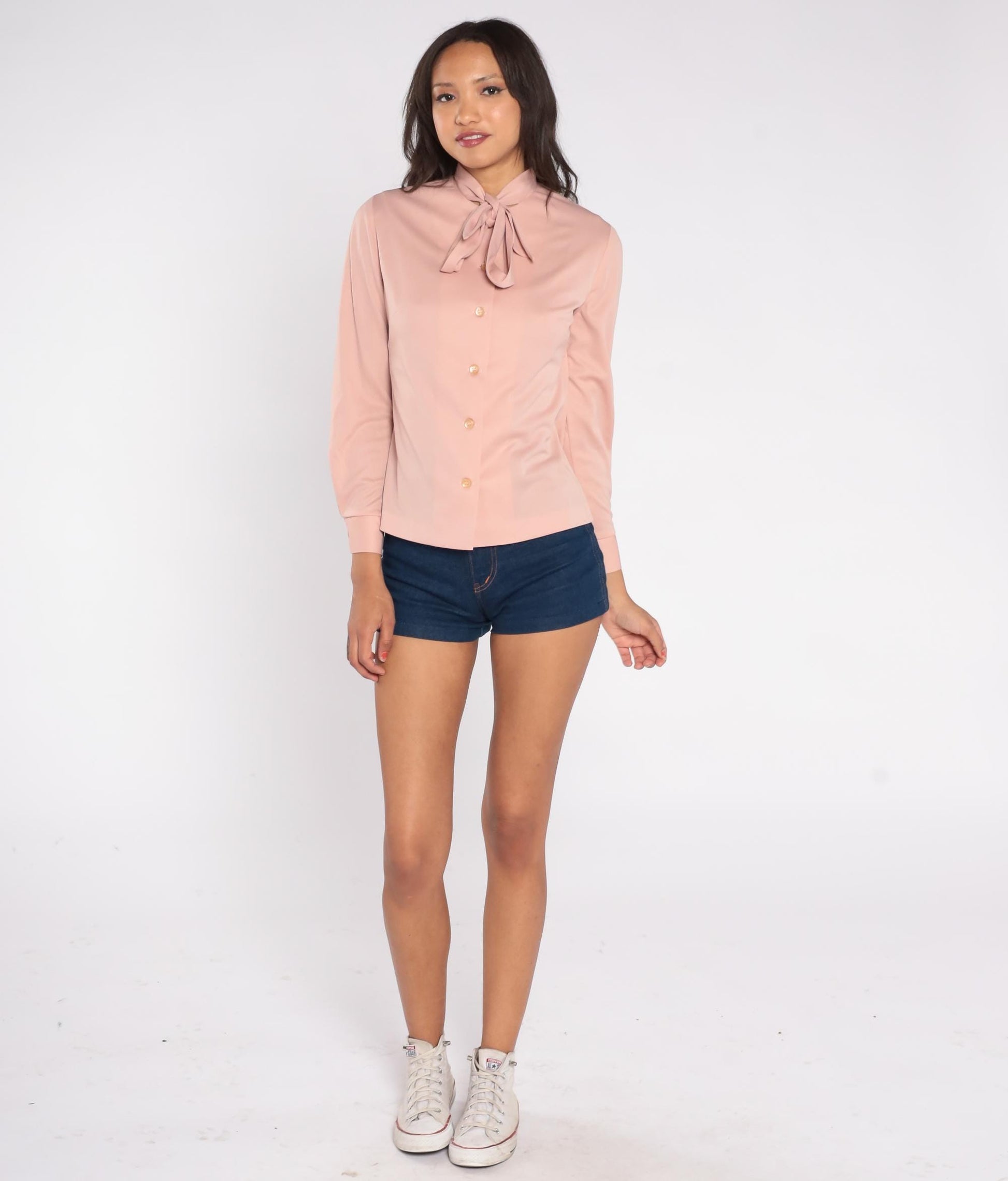 70s Sir Julian Blush Pink Pussy Bow Blouse Long Sleeve Button-Down Small S