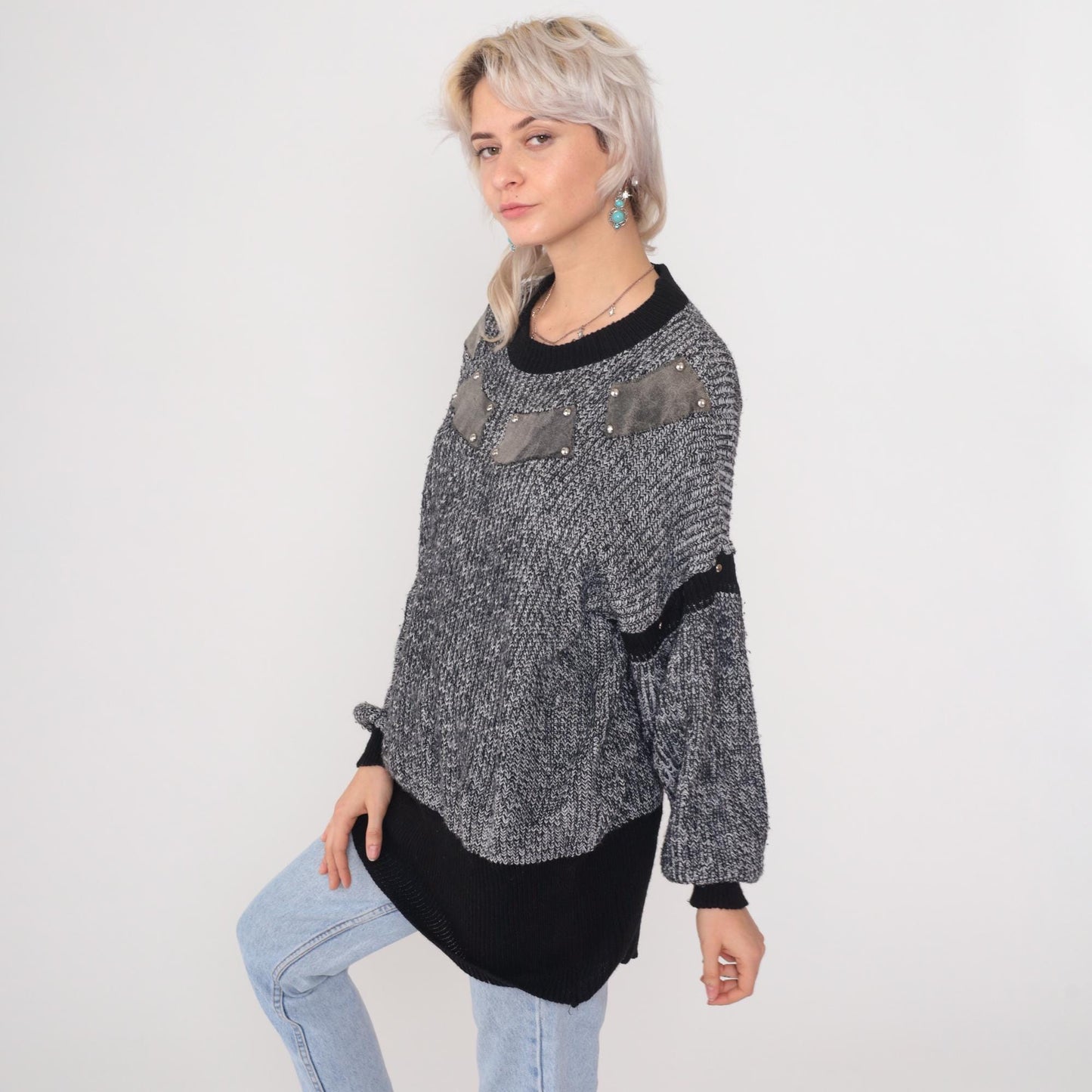 80s Studded Suede Patch Chunky Knit Sweater Grey Black Tunic One Size