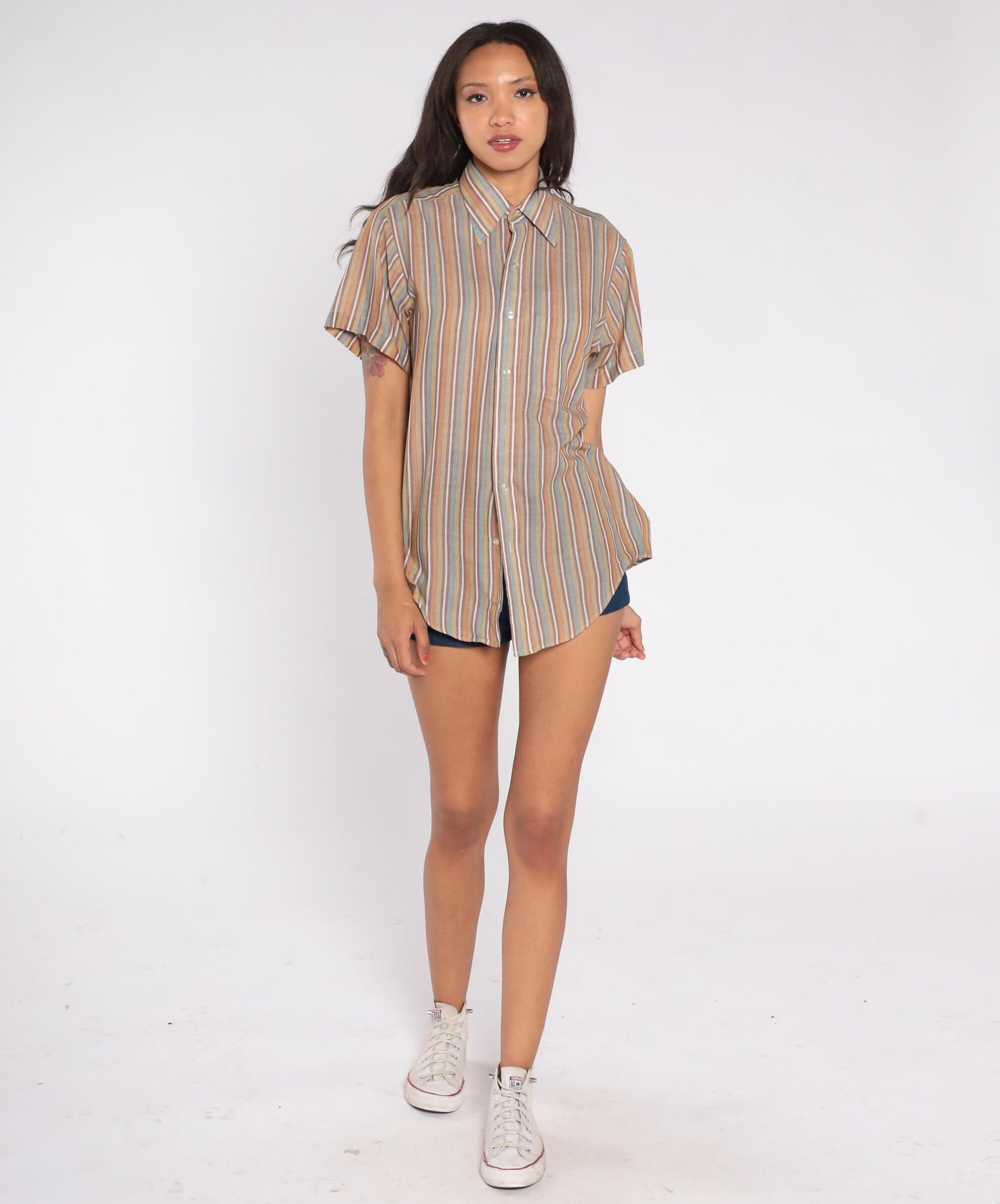 80s Exclusive Multicolor Striped Button-Down Shirt Tan Blue Peach Medium