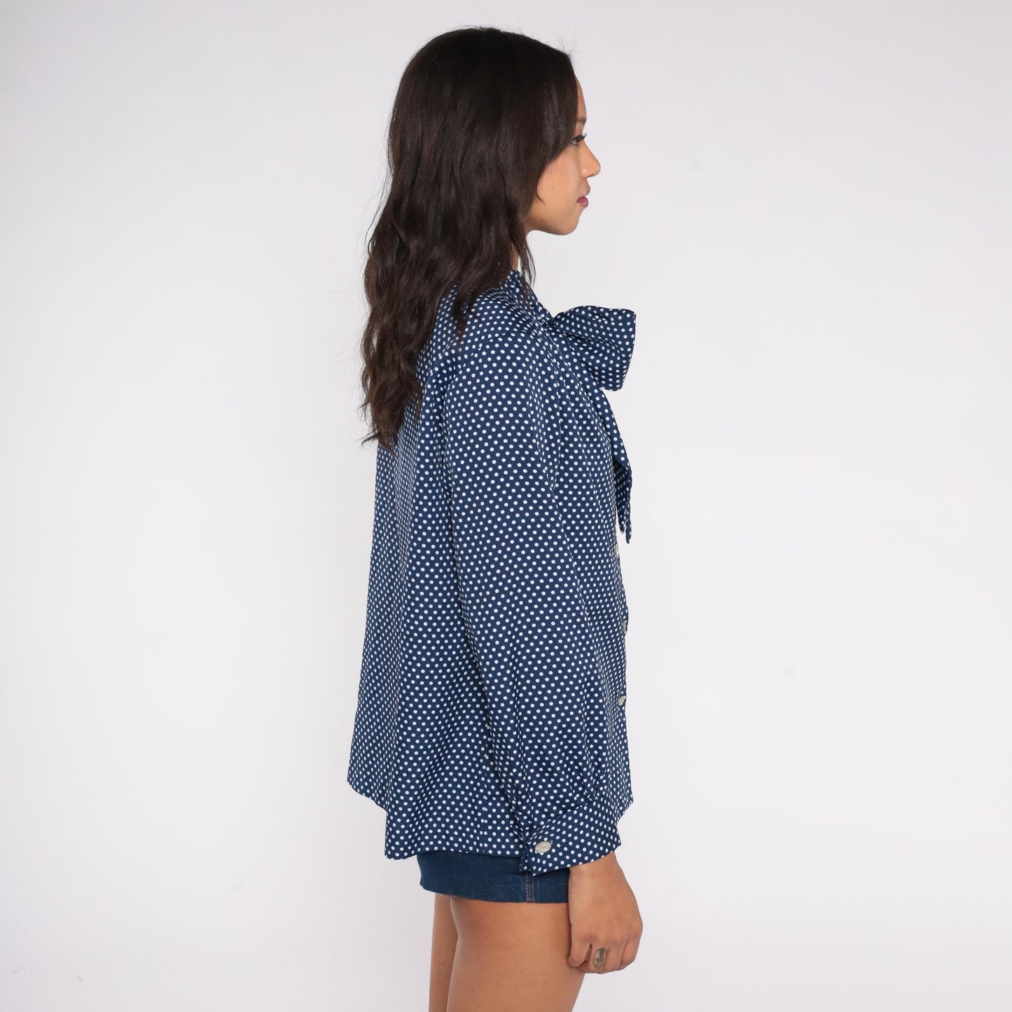 80s Navy Polka Dot Button-Down Blouse White Dots Pussy Bow Medium M