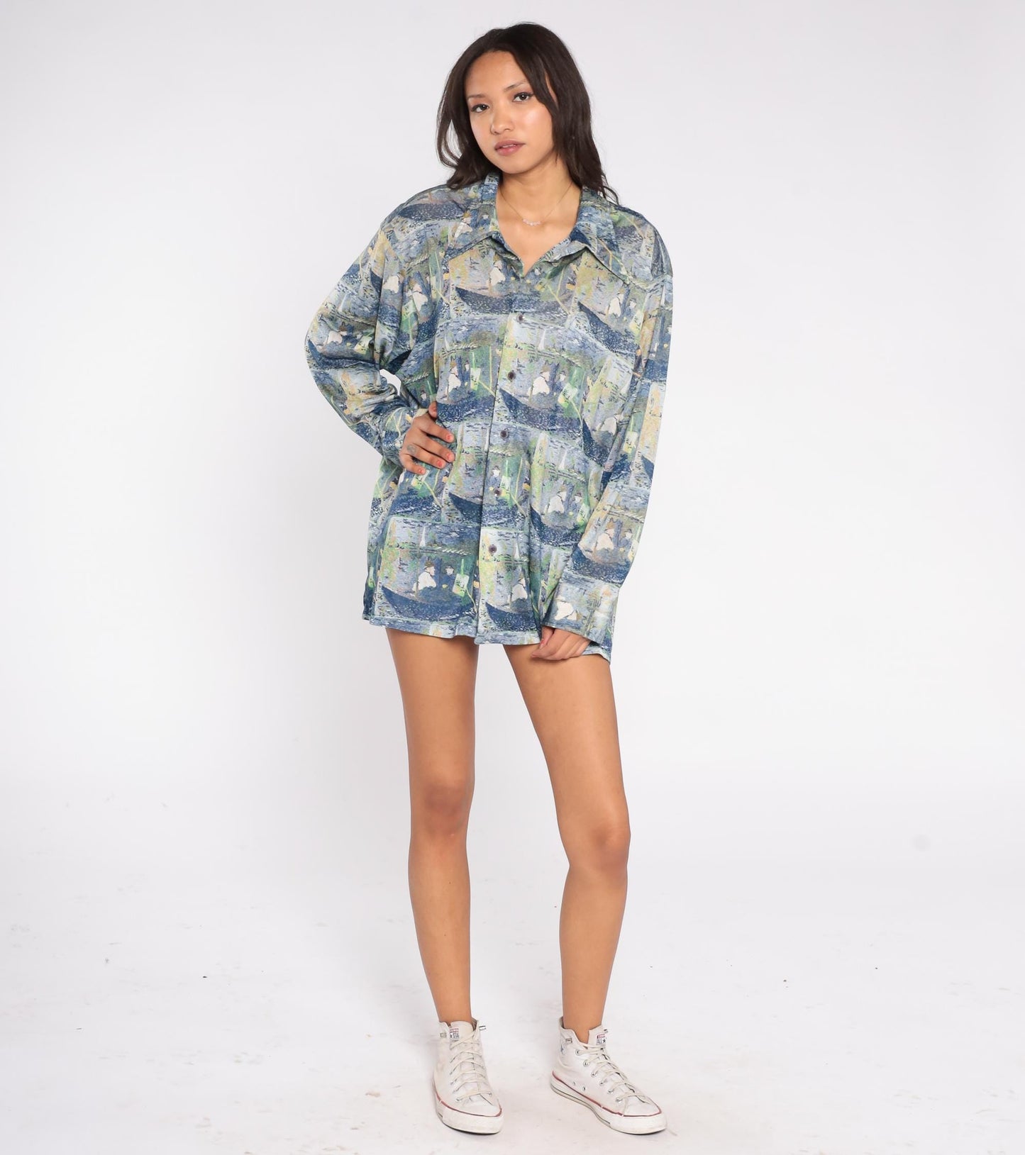 70s Claude Monet Impressionist Boating Scene Button Down Shirt Blue Green XXL