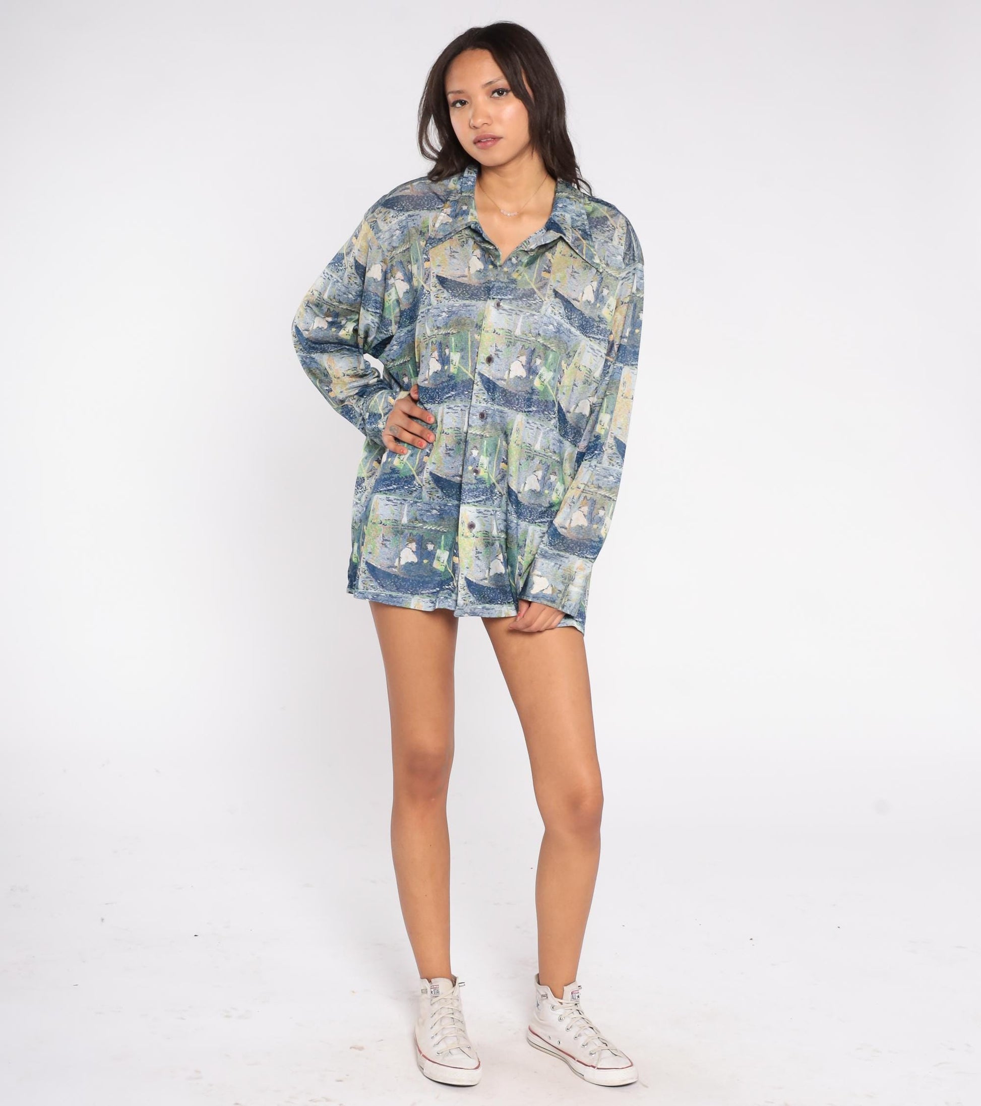 70s Claude Monet Impressionist Boating Scene Button Down Shirt Blue Green XXL