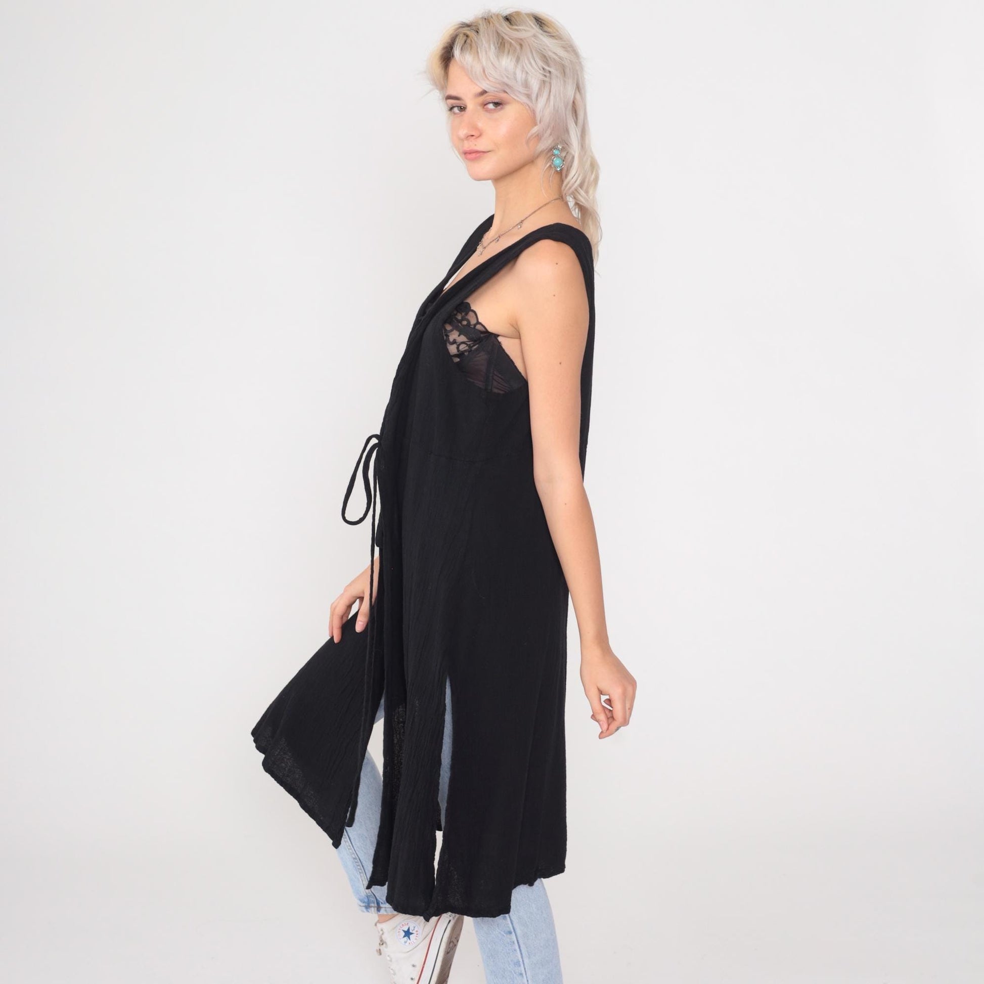 Y2K Black Cotton Vest Dress Tie Front Long Duster Side Slit Large L