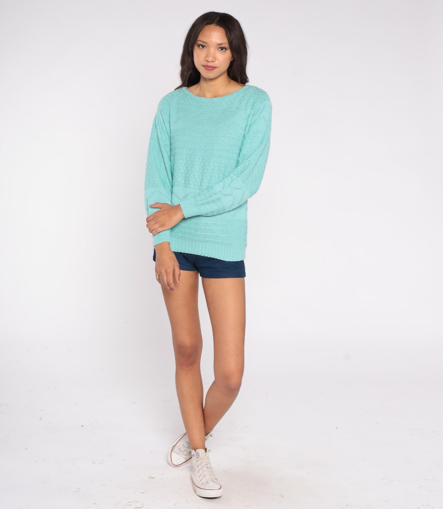 80s Cuddle Knit Mint Green Pointelle Sweater Crew Neck Long Sleeve Medium M