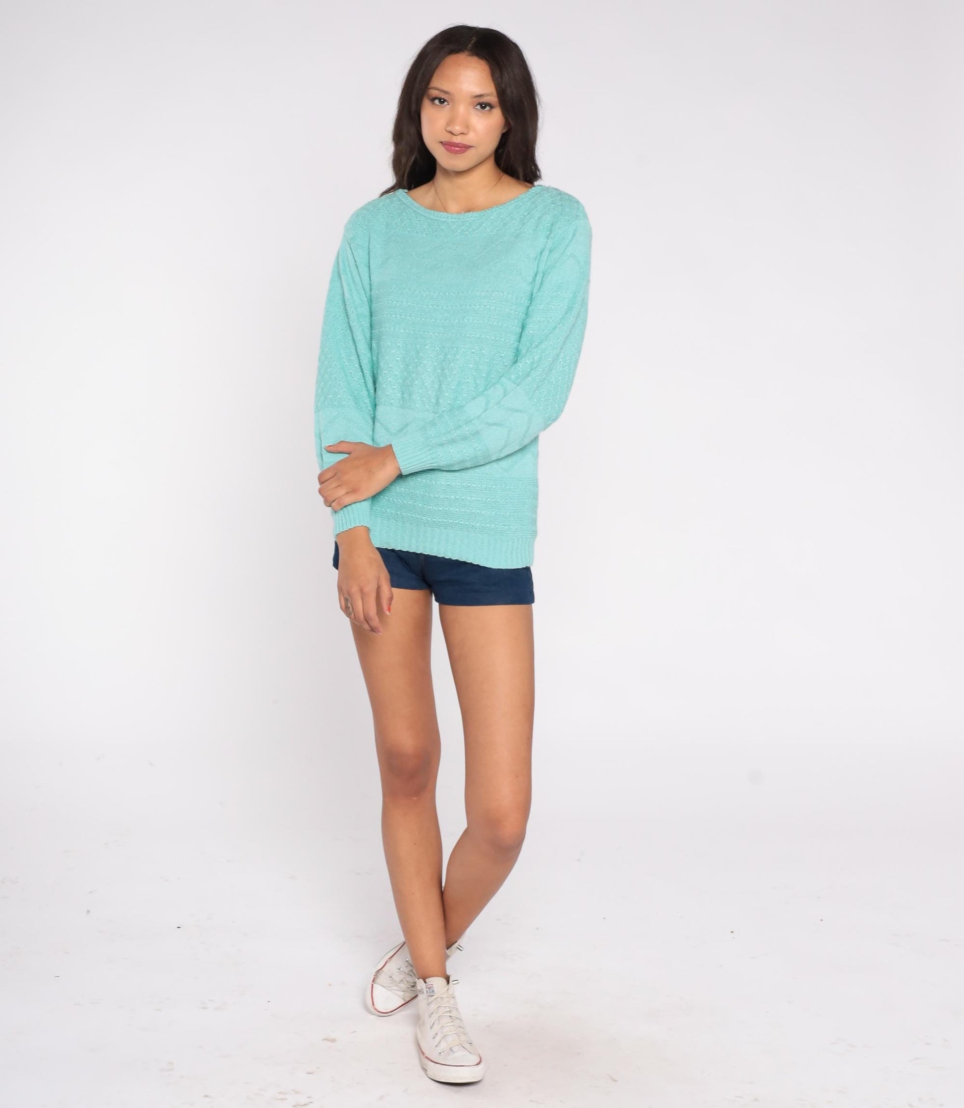 80s Cuddle Knit Mint Green Pointelle Sweater Crew Neck Long Sleeve Medium M