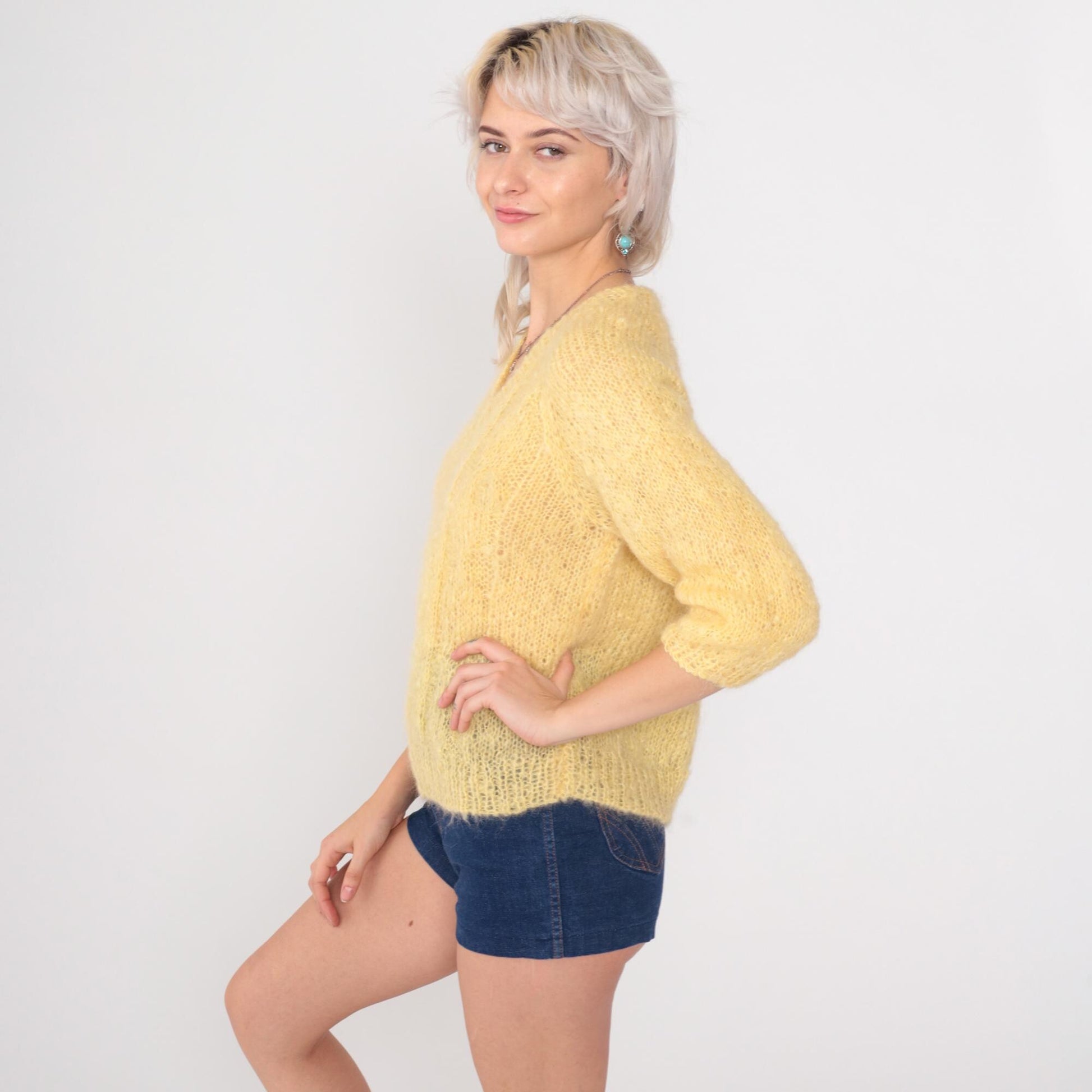 70s Yellow Mohair V-Neck Sweater Cropped 3/4 Sleeve Open Knit Small S