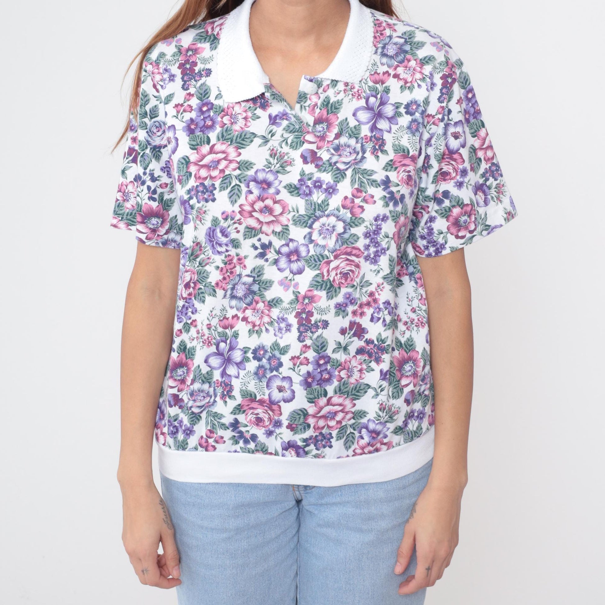 90s Cascade Blues Floral Polo Shirt Pink Purple Rose White Collar Large L