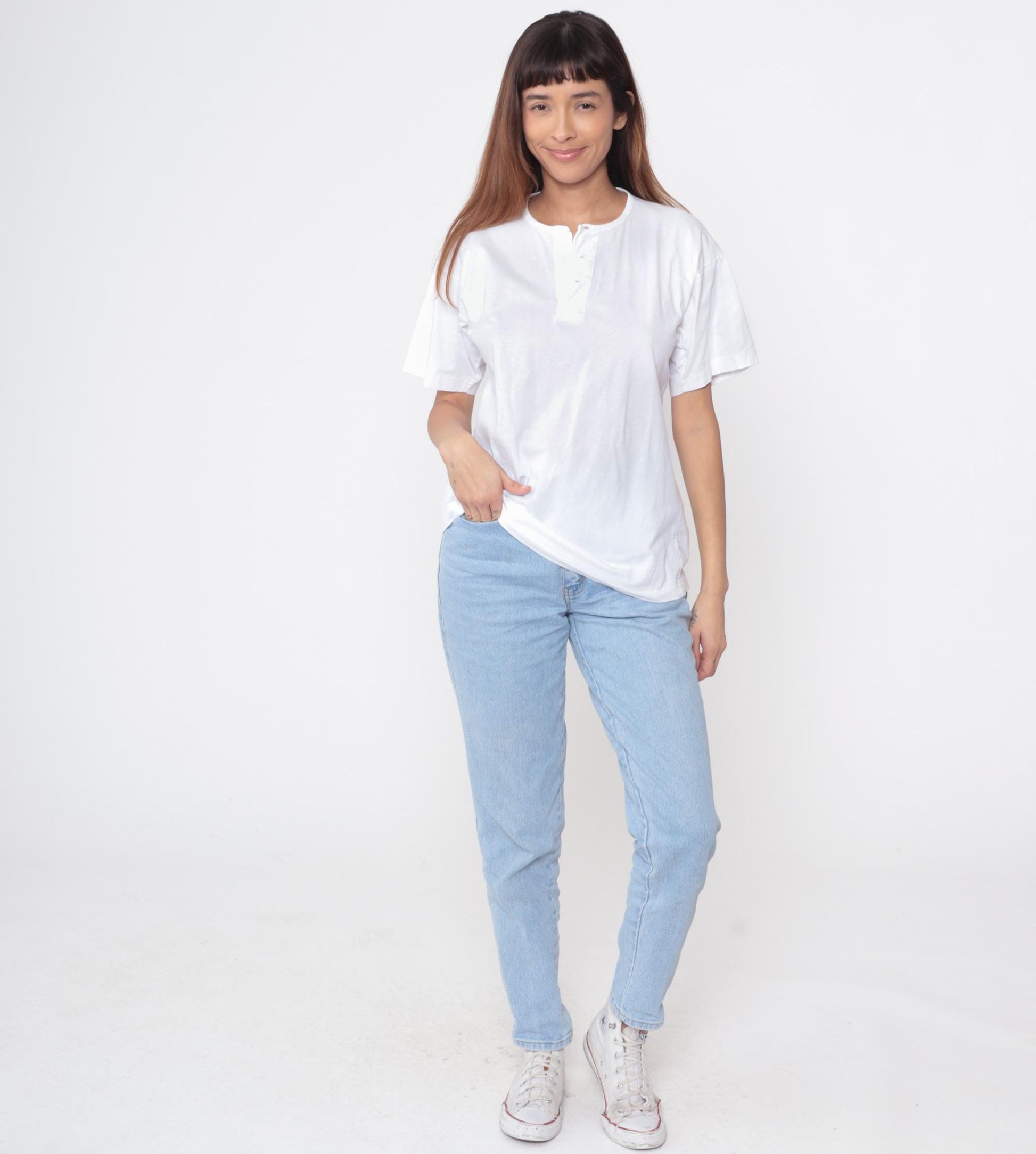 90s Lixin White Henley Cotton T-Shirt Button Placket Short Sleeve Medium