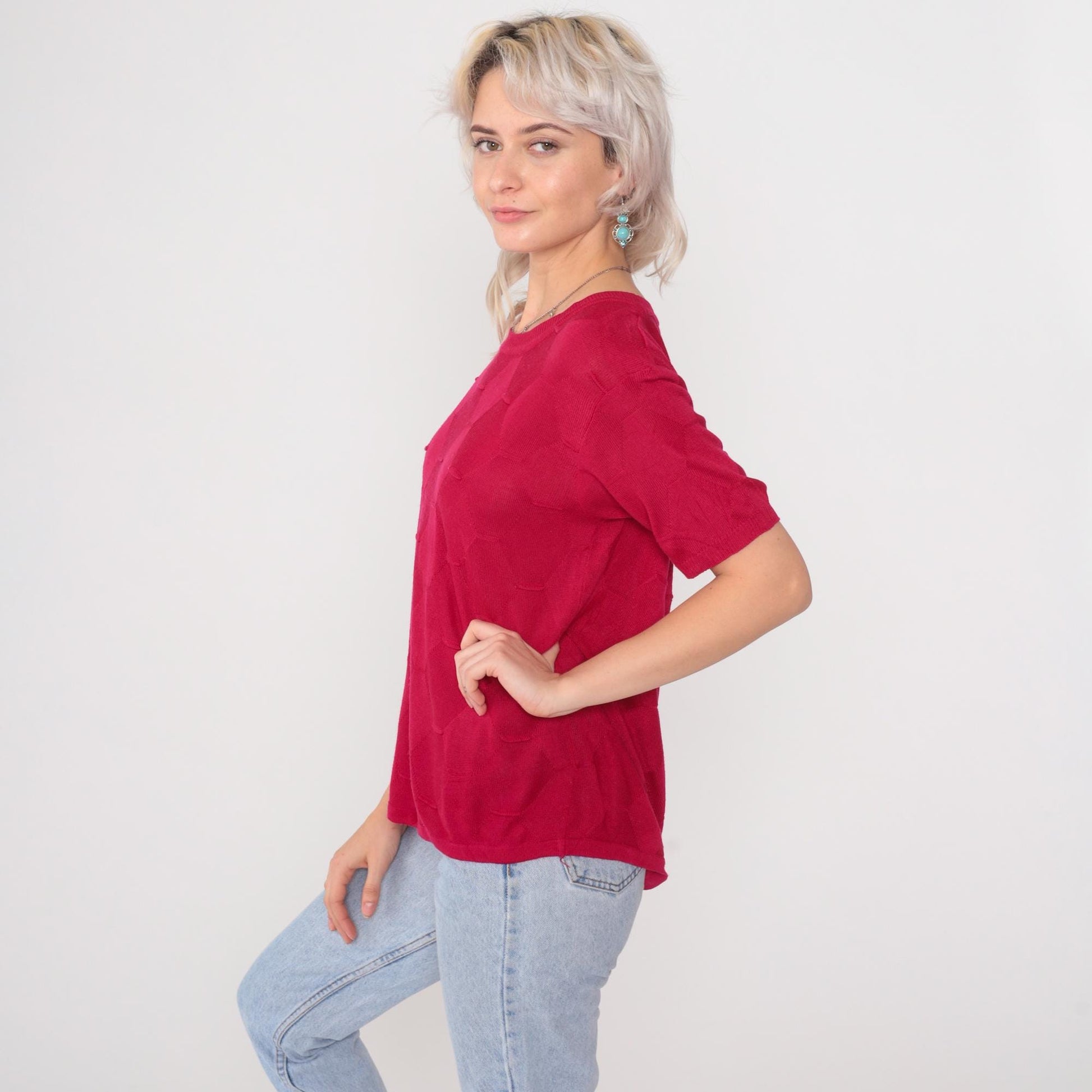 80s Red Horizontal Stripe Knit Sweater Crew Neck Short Sleeve Medium