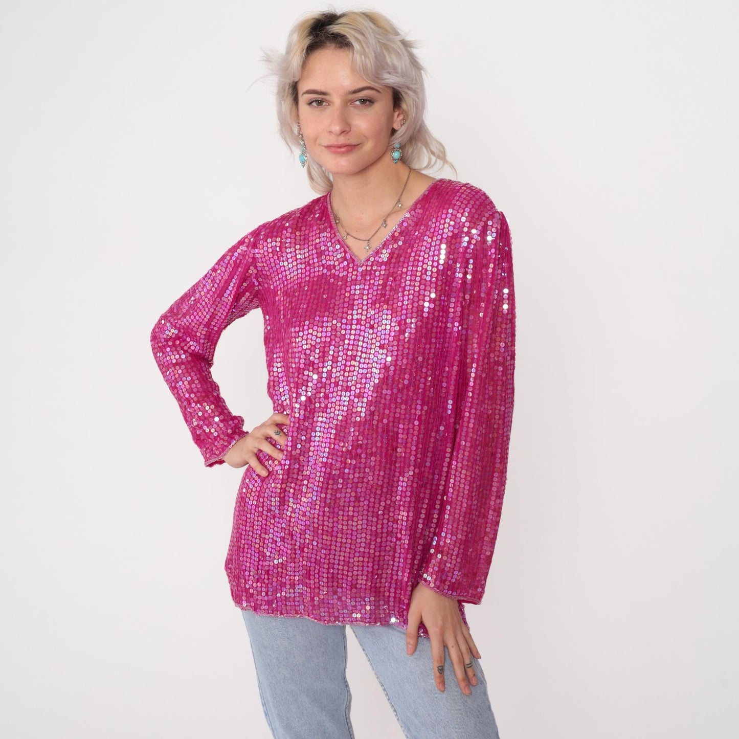 90s Hot Pink Sequin Silk Blouse Iridescent V-Neck Long Sleeve Small