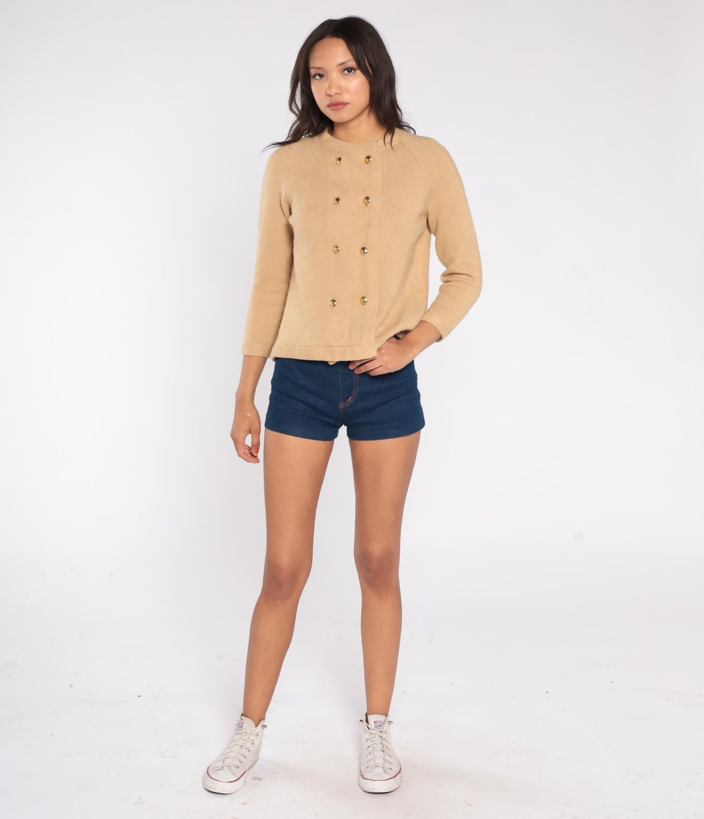 60s I. Magnin Camel Hair Cardigan Tan Gold Button Crew Neck XS