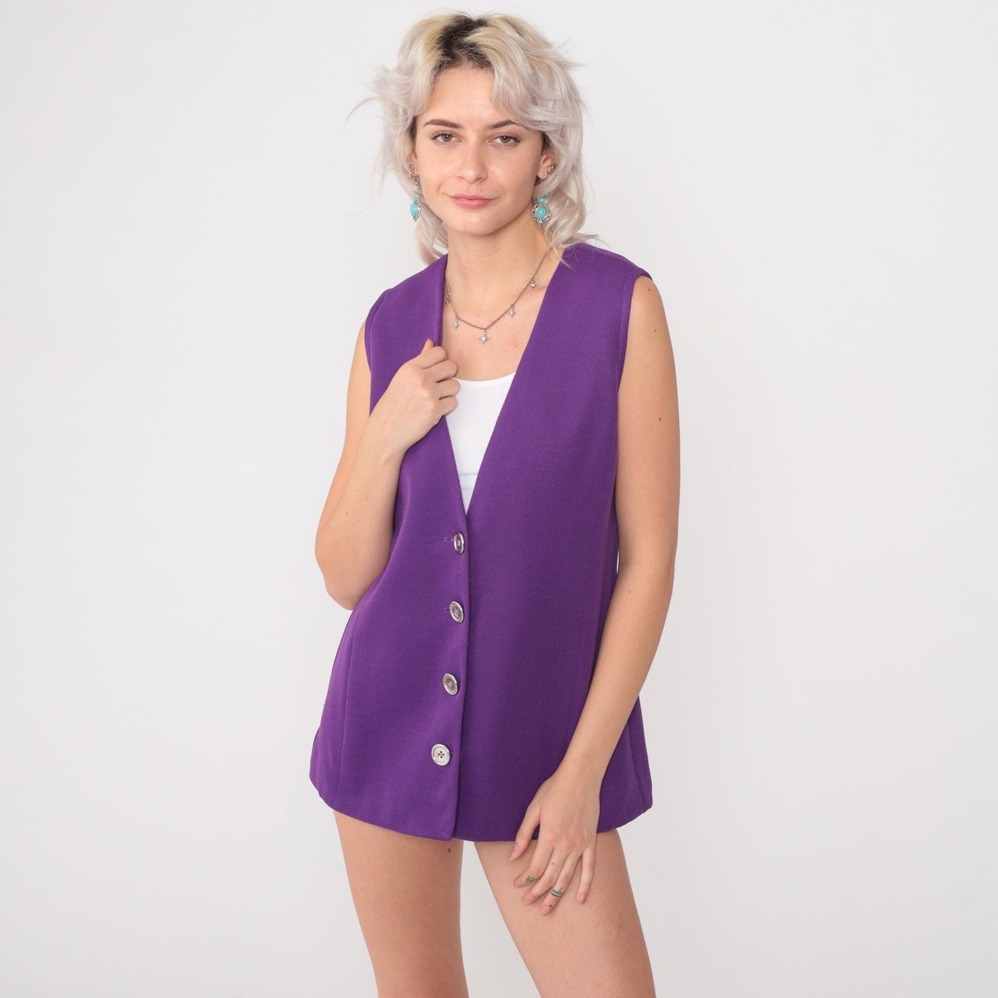 70s Purple Button Front Vest V Neck Textured Knit Sleeveless Waistcoat Medium