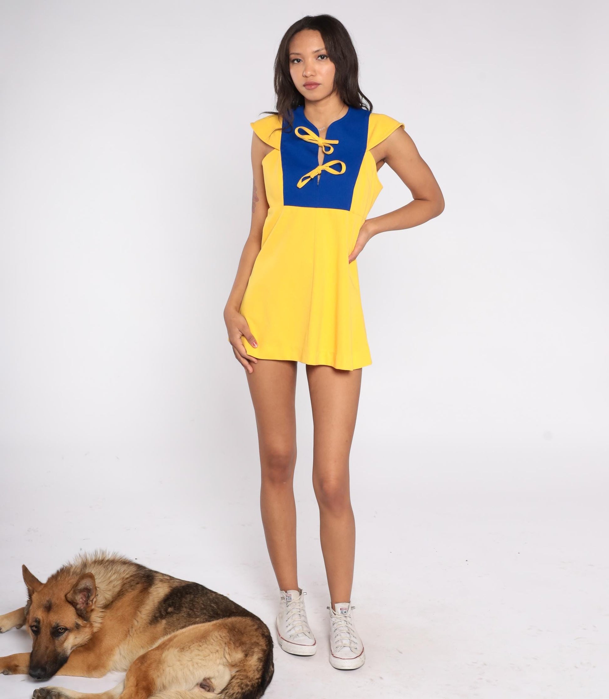 60s Space Age Color Block Mini Dress Yellow Blue Flutter Sleeve Small