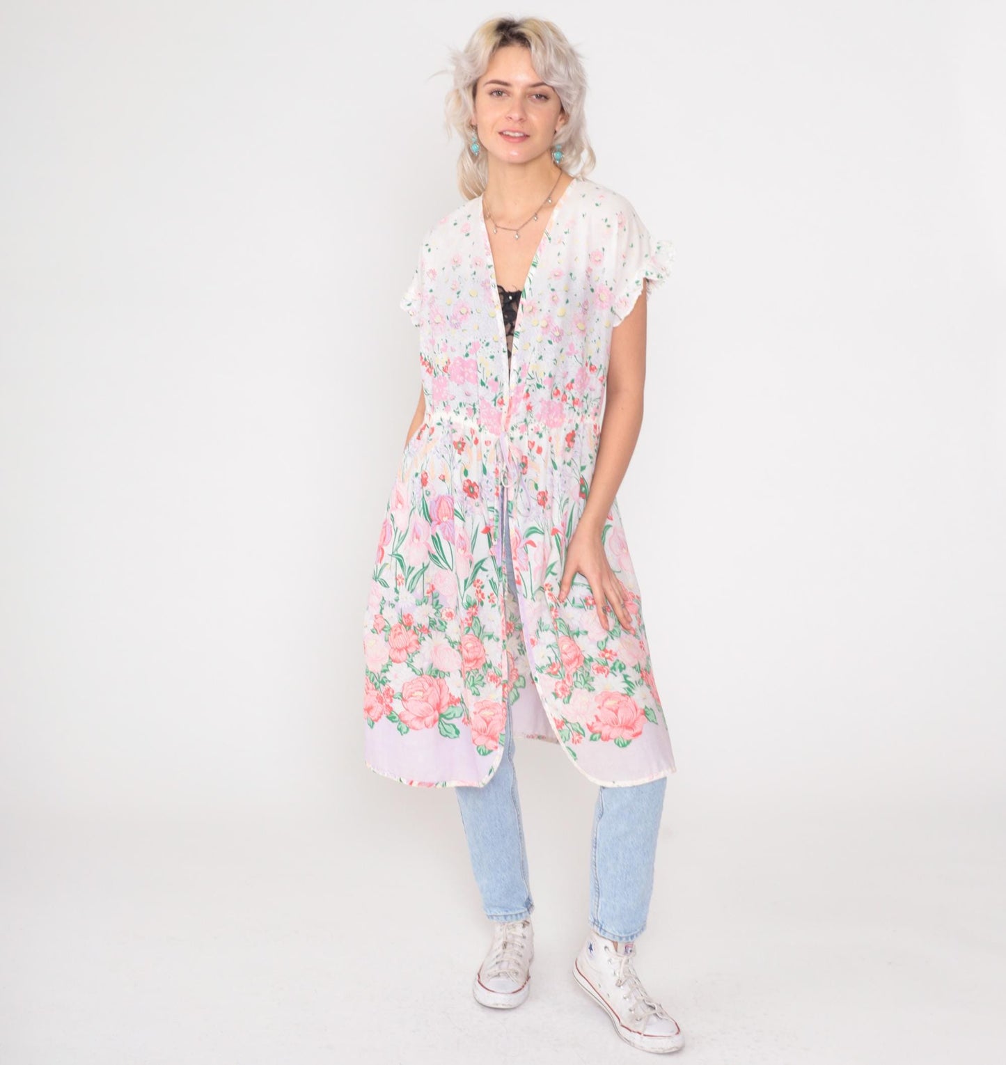 70s Pink Rose Floral Duster Jacket White Cotton Empire Waist Maxi Robe Small