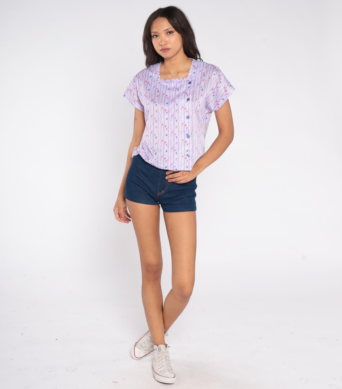 70s Lavender Floral Blouse Purple Striped Square Neck Button Front Short Sleeve Medium