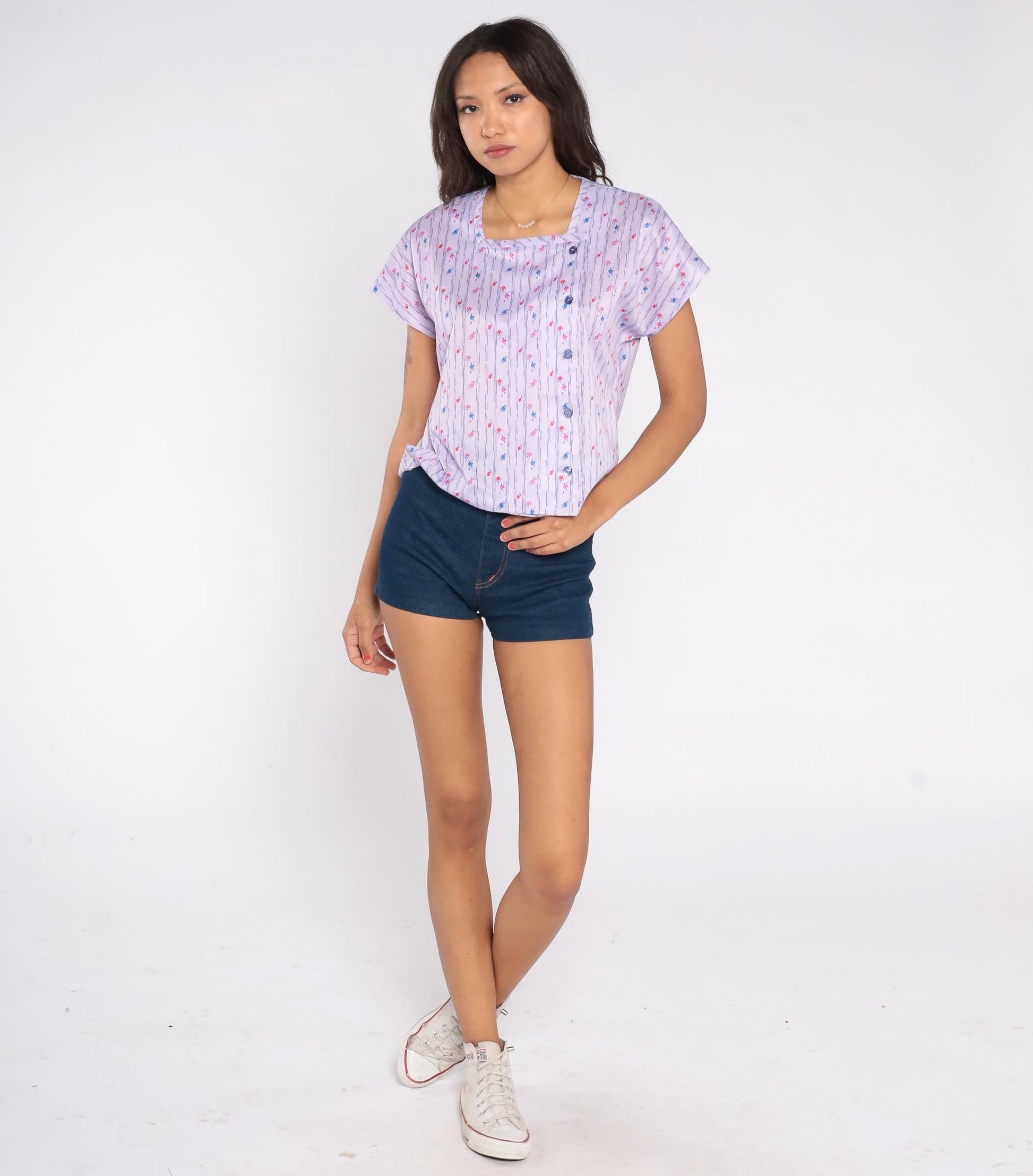 70s Lavender Floral Blouse Purple Striped Square Neck Button Front Short Sleeve Medium