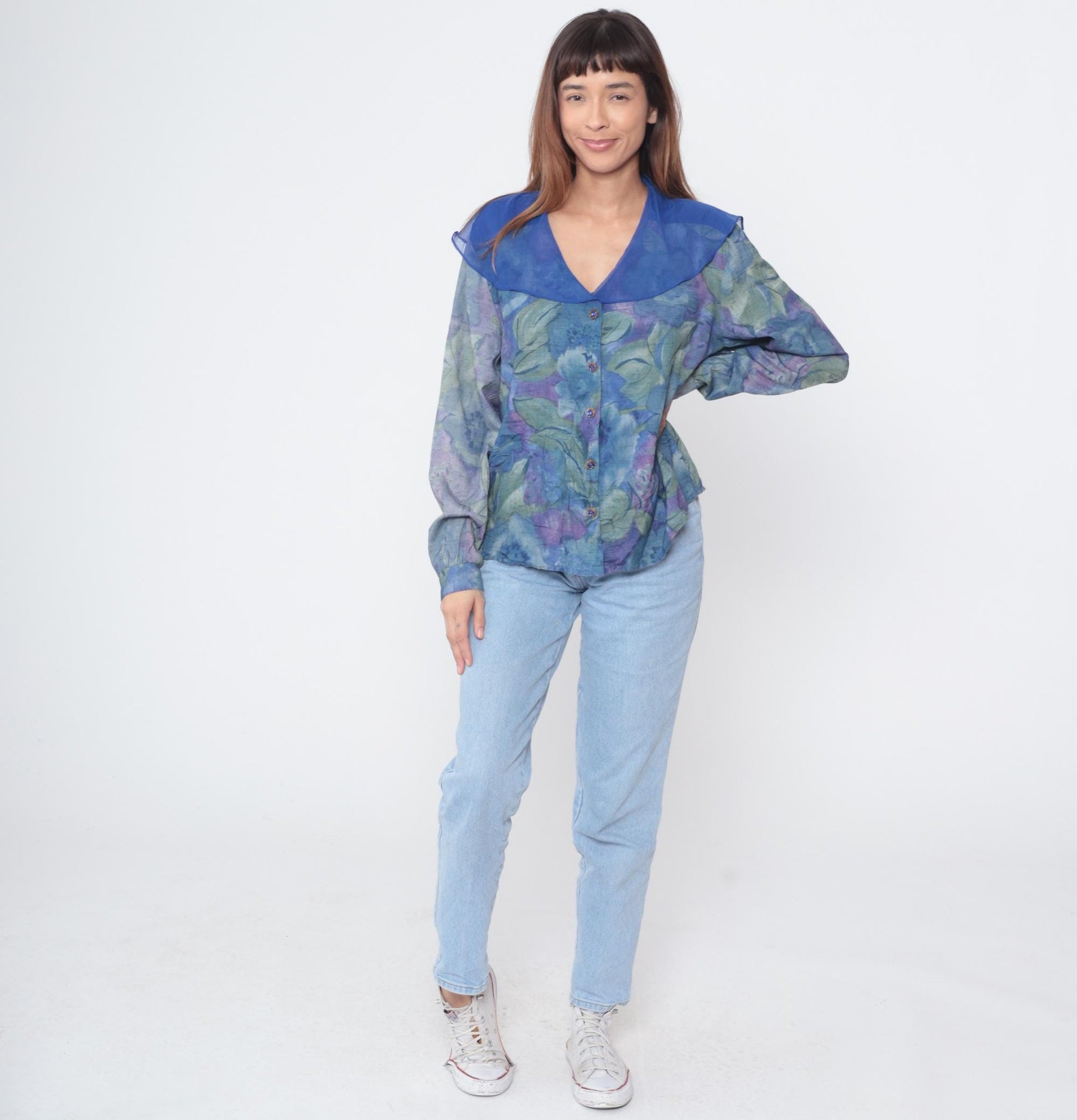 90s Marie St Money Watercolor Floral Button-Down Blouse Blue Purple Large L