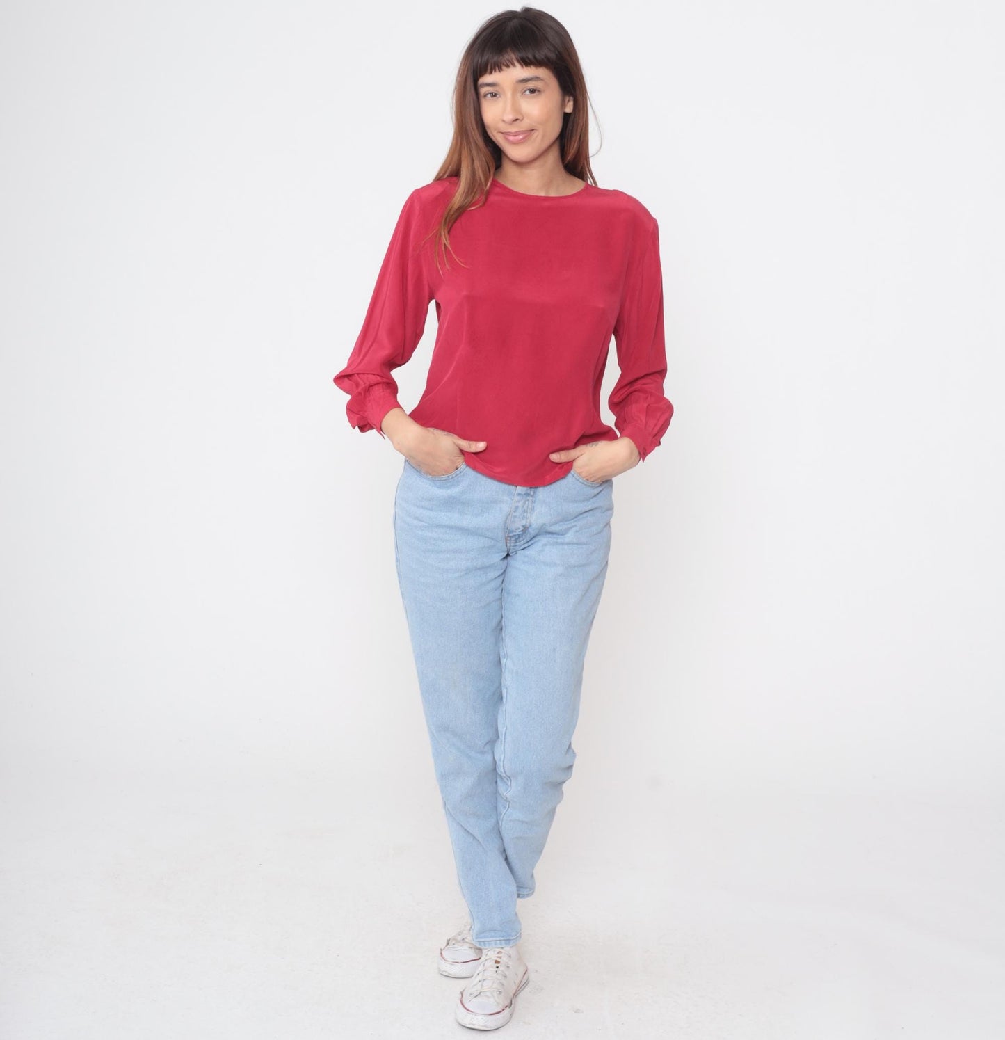 90s Clio Red Silk Blouse Keyhole Back Button Cuff Medium M